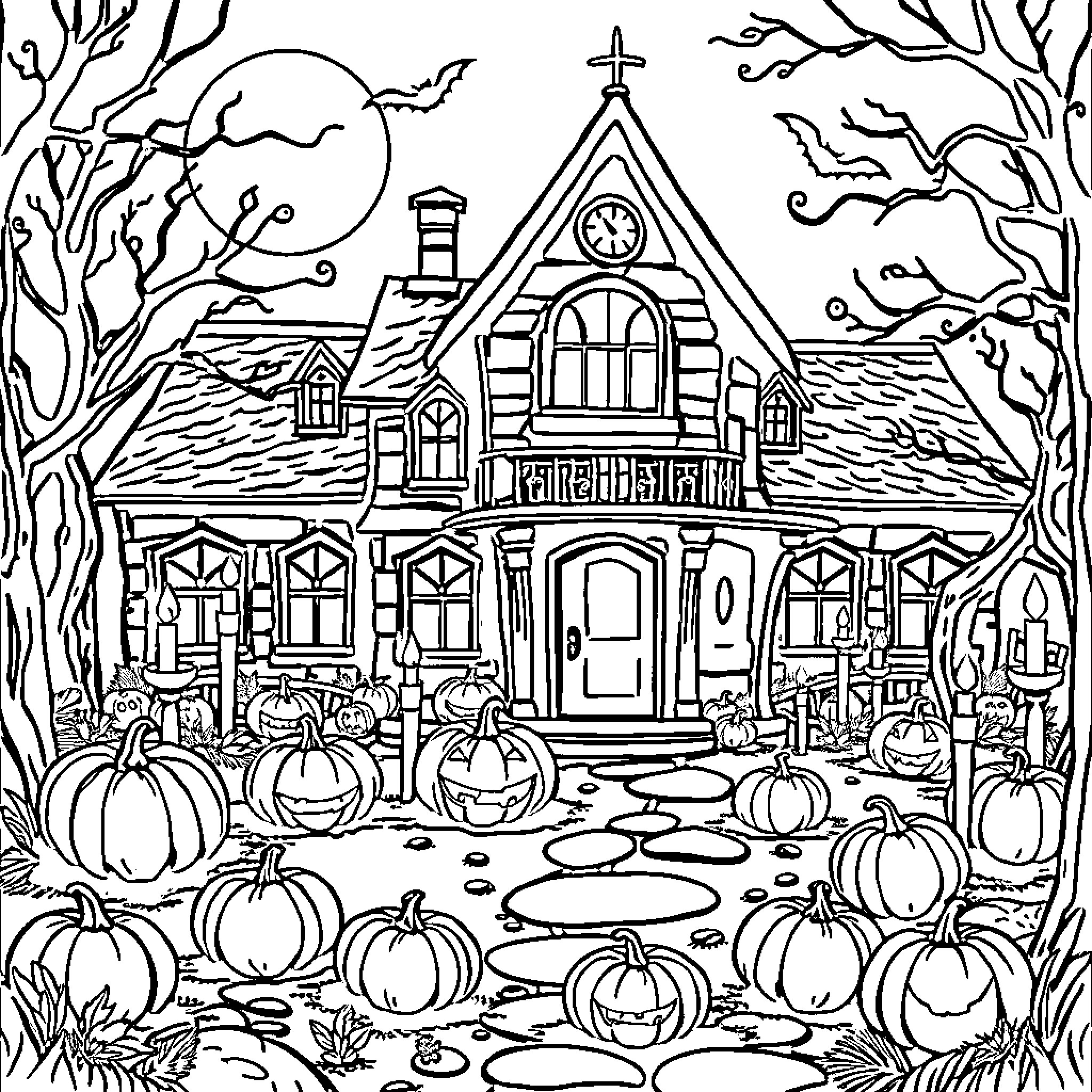Pumpkin-filled Haunted House at Halloween Coloring Page (free black-and-white line drawing printable PDF for all, from beginners to advanced learners, including children, teens, adults, and seniors)