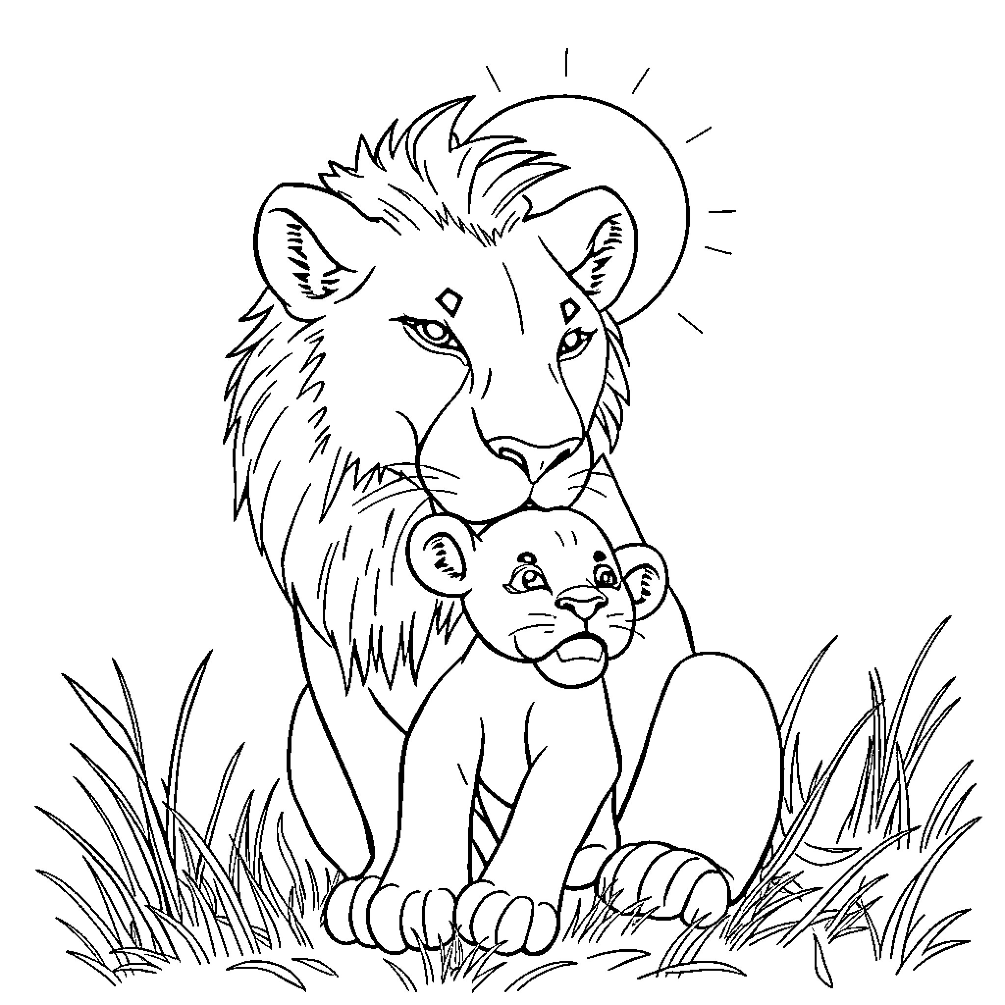 Lioness Guarding Cub in Grassy Field Coloring Page (free black-and-white line drawing printable PDF for all, from beginners to advanced learners, including children, teens, adults, and seniors)