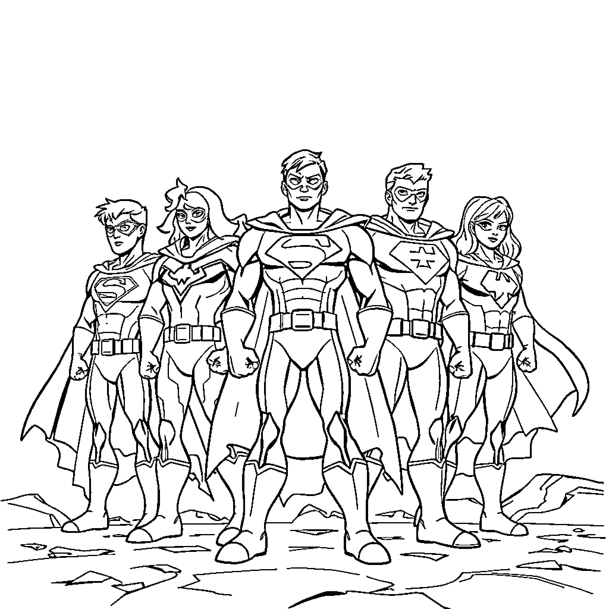 Superhero team standing together in heroic poses Coloring Page (free black-and-white line drawing printable PDF for all, from beginners to advanced learners, including children, teens, adults, and seniors)