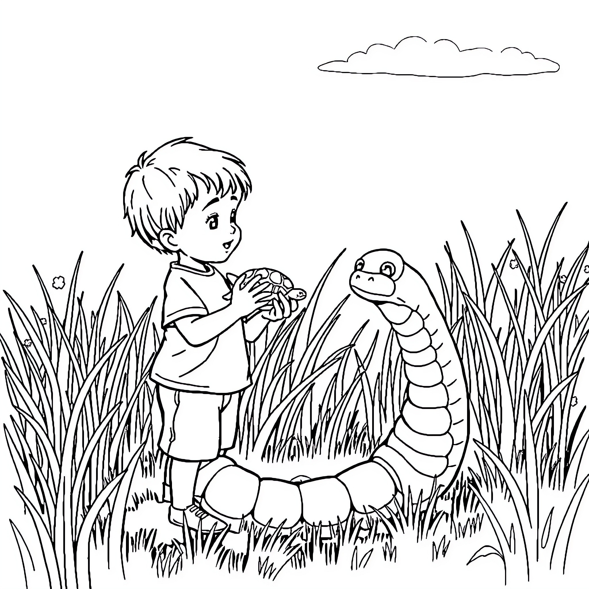 Boy explores nature with curious caterpillar Coloring Page (free black-and-white line drawing printable PDF for all, from beginners to advanced learners, including children, teens, adults, and seniors)