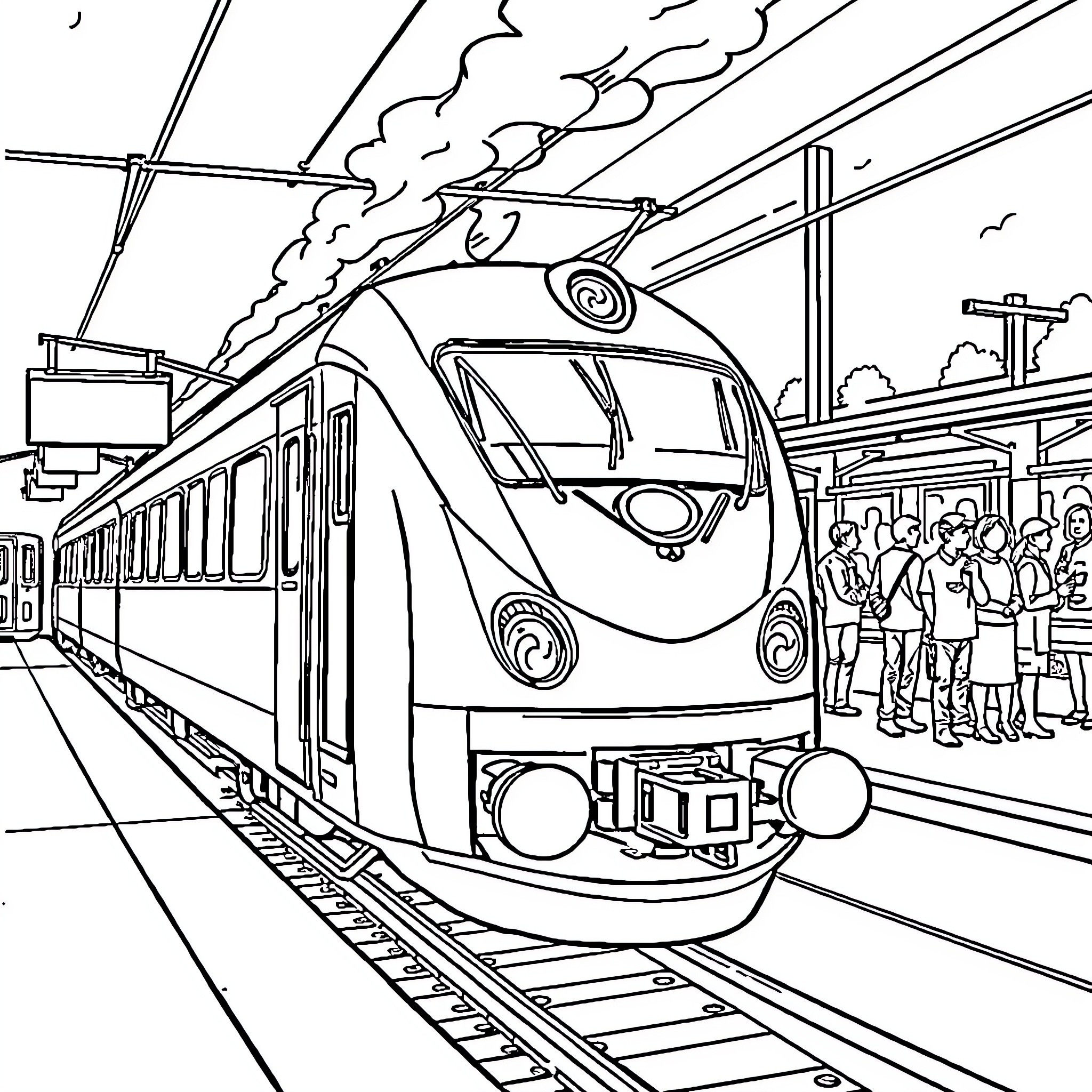 Train transporting passengers at the station Coloring Page (free black-and-white line drawing printable PDF for all, from beginners to advanced learners, including children, teens, adults, and seniors)