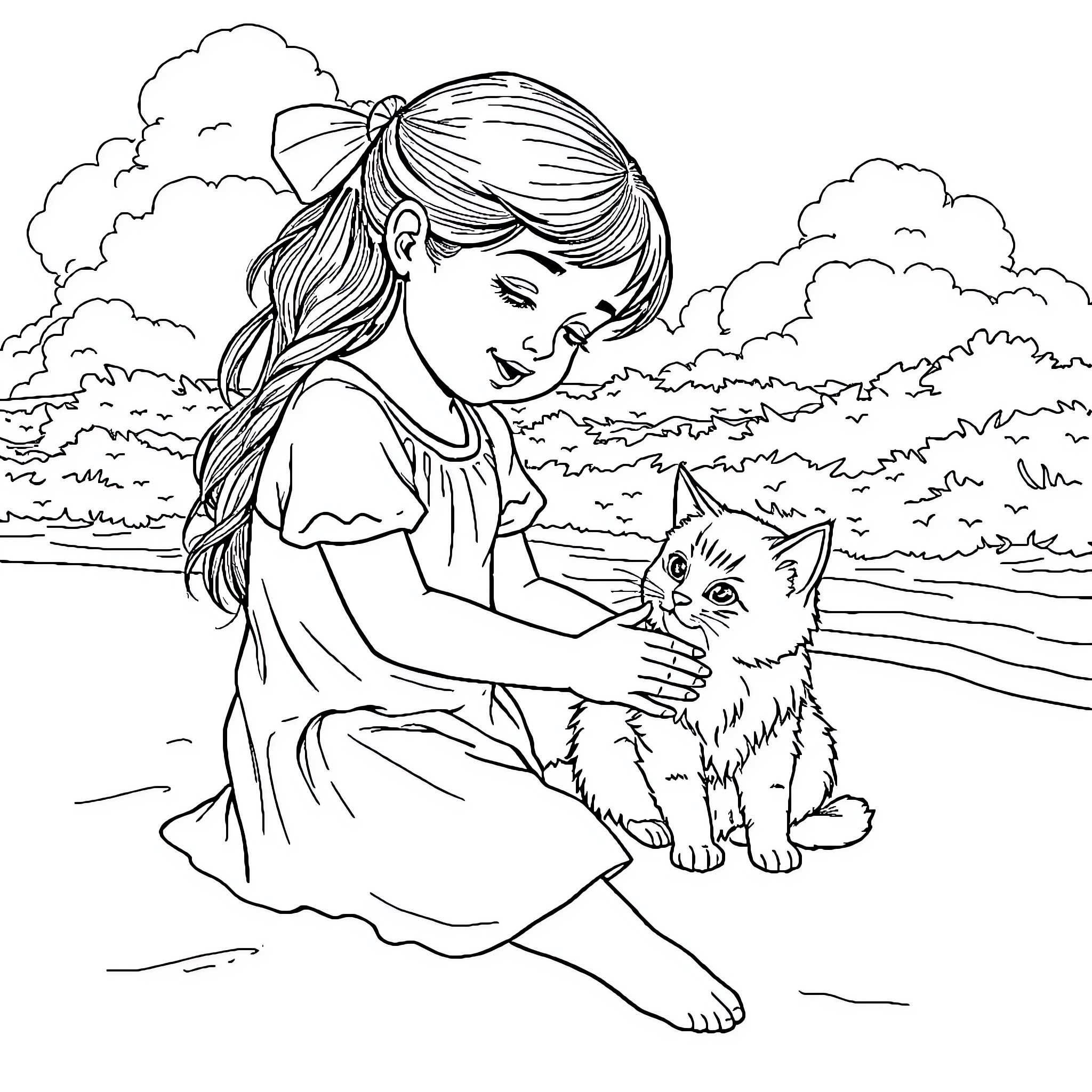 Girl playing with her pet cat in nature Coloring Page (free black-and-white line drawing printable PDF for all, from beginners to advanced learners, including children, teens, adults, and seniors)