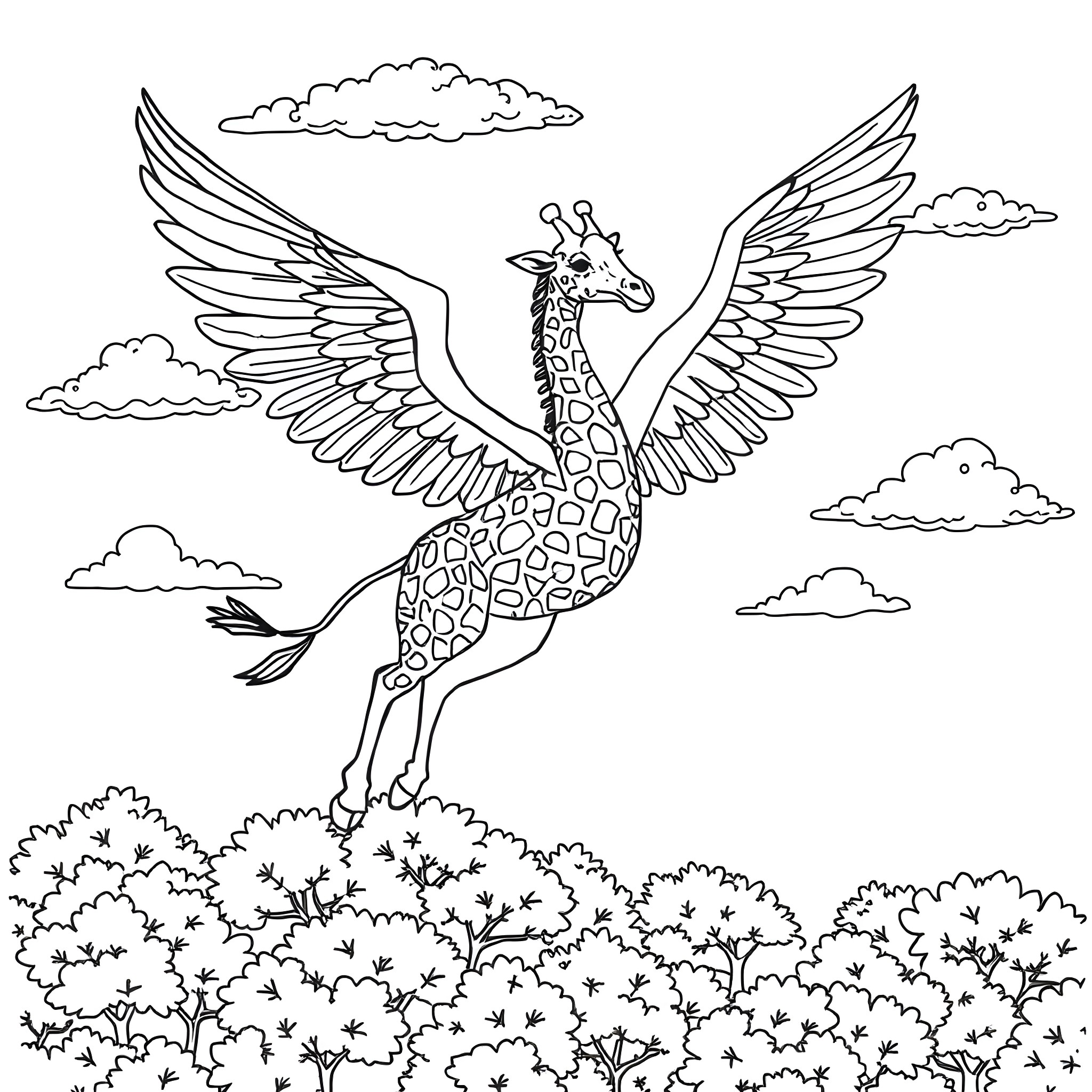 Winged Giraffe soaring through the cloudy sky Coloring Page (free black-and-white line drawing printable PDF for all, from beginners to advanced learners, including children, teens, adults, and seniors)