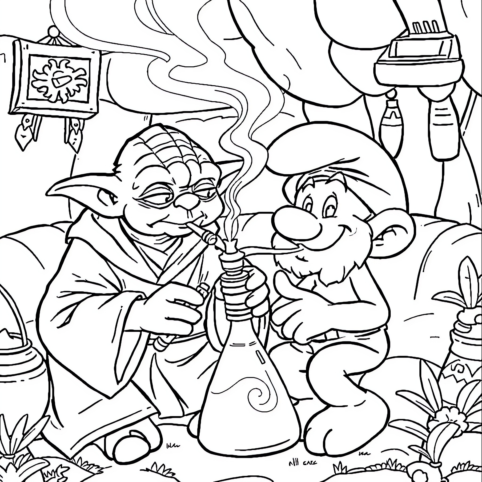 Yoda and Gnome Enjoying Outdoor Adventure Coloring Page (free black-and-white line drawing printable PDF for all, from beginners to advanced learners, including children, teens, adults, and seniors)