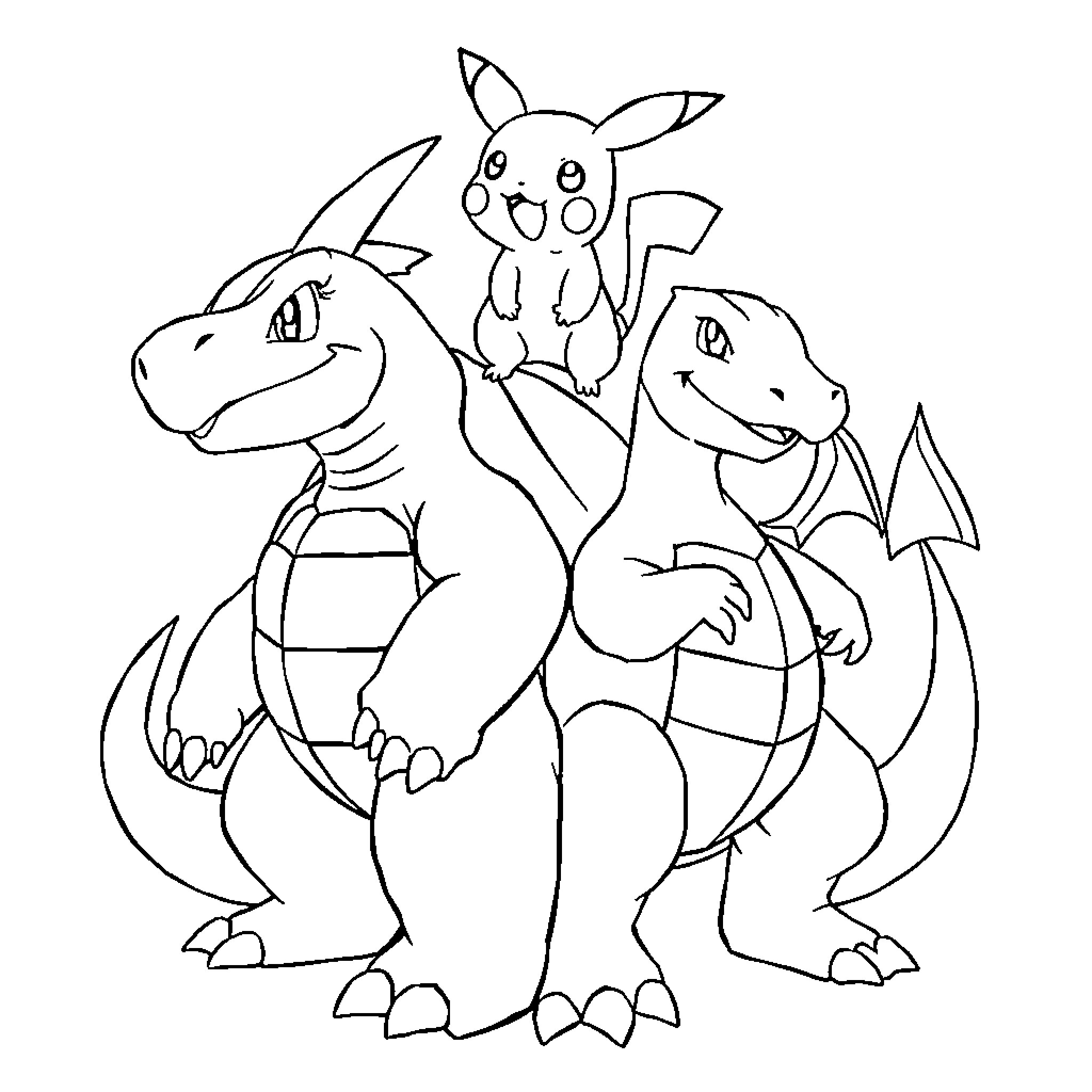 Pokémon characters in playful interaction Coloring Page (free black-and-white line drawing printable PDF for all, from beginners to advanced learners, including children, teens, adults, and seniors)