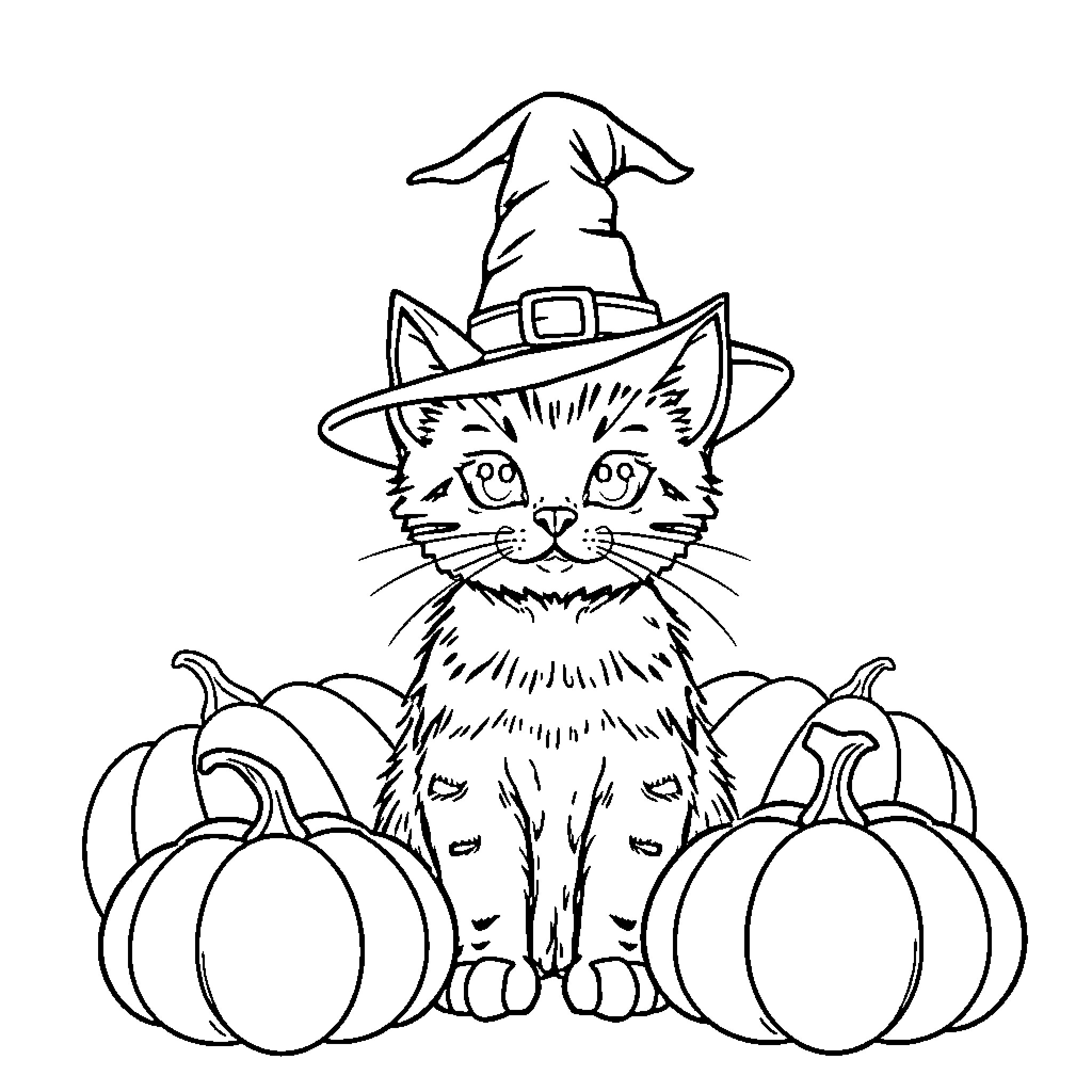 Cat wearing Witch Hat with Pumpkins Coloring Page (free black-and-white line drawing printable PDF for all, from beginners to advanced learners, including children, teens, adults, and seniors)