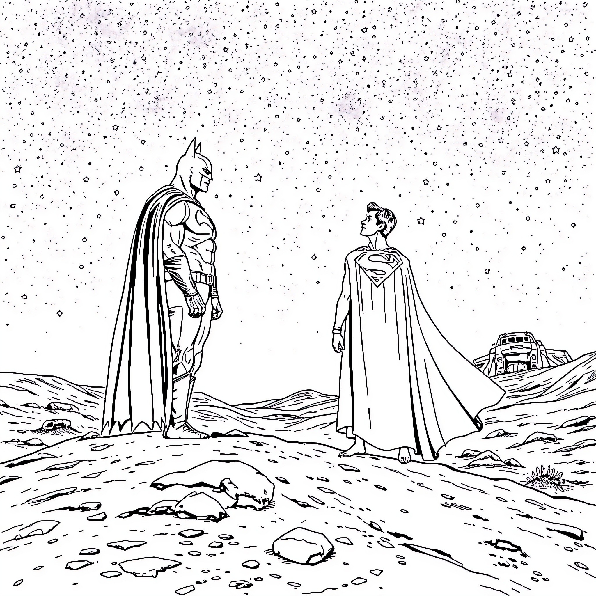 Batman and Superman stand tall in the desert Coloring Page (free black-and-white line drawing printable PDF for all, from beginners to advanced learners, including children, teens, adults, and seniors)