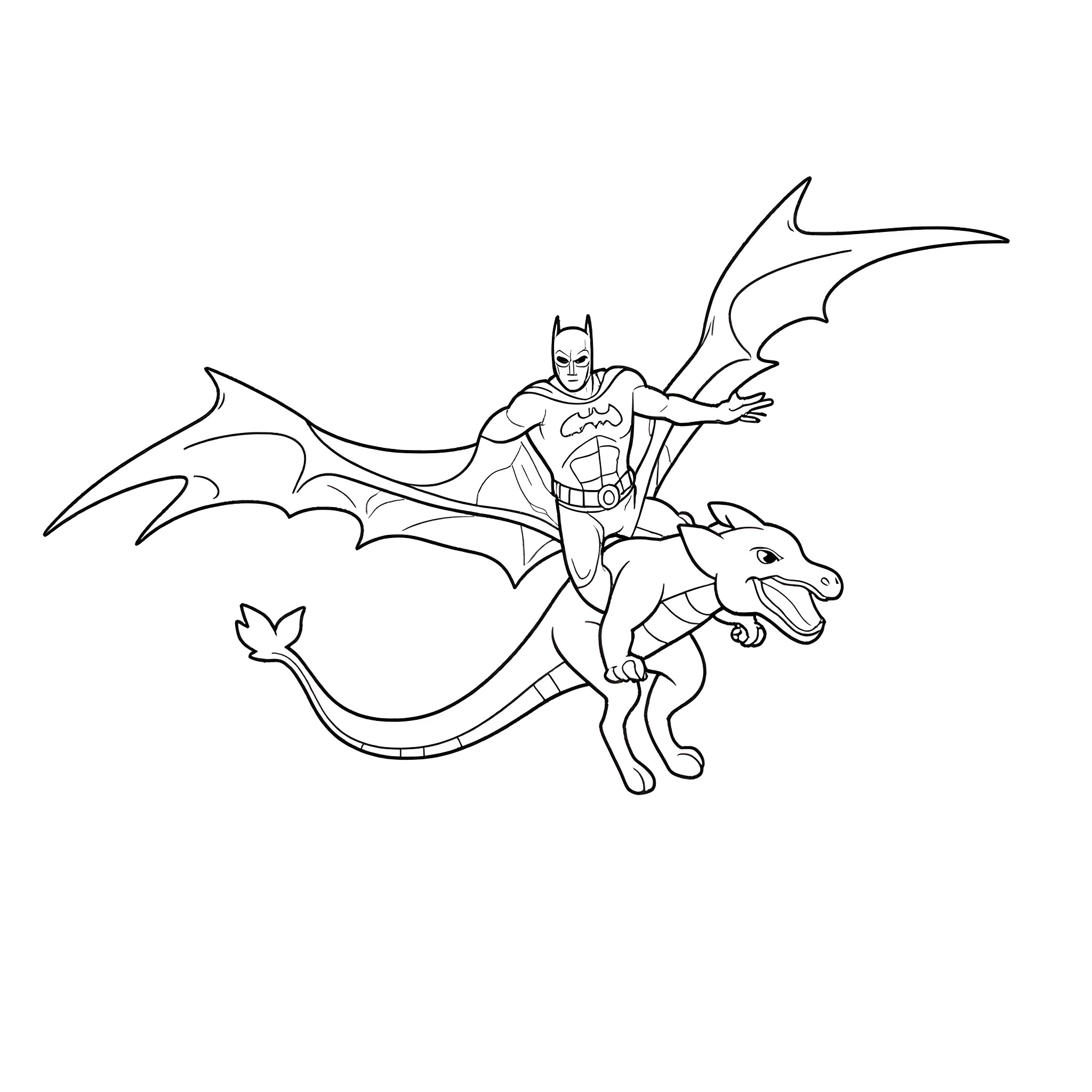 Batman riding a dragon in action Coloring Page (free black-and-white line drawing printable PDF for all, from beginners to advanced learners, including children, teens, adults, and seniors)