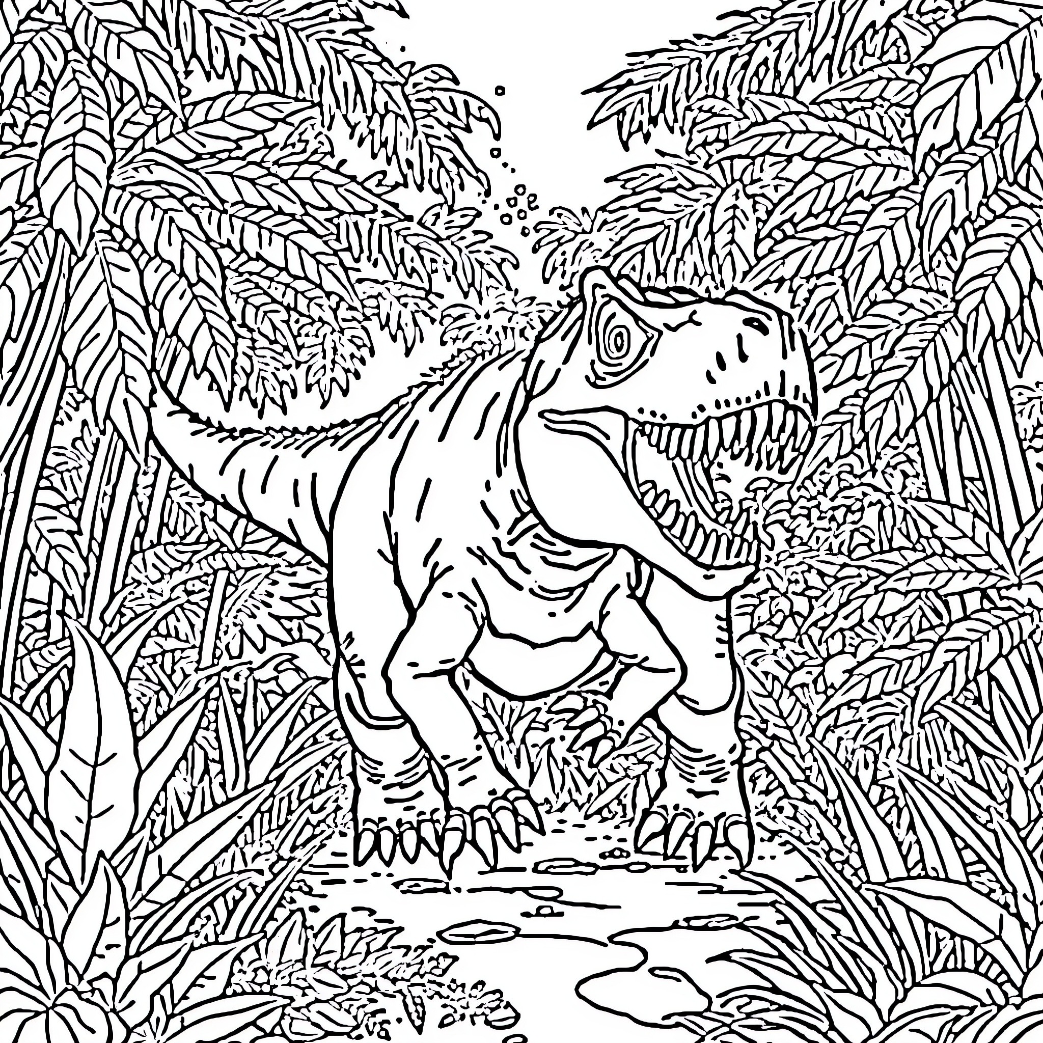 Dinosaur roaming in the lush jungle Coloring Page (free black-and-white line drawing printable PDF for all, from beginners to advanced learners, including children, teens, adults, and seniors)