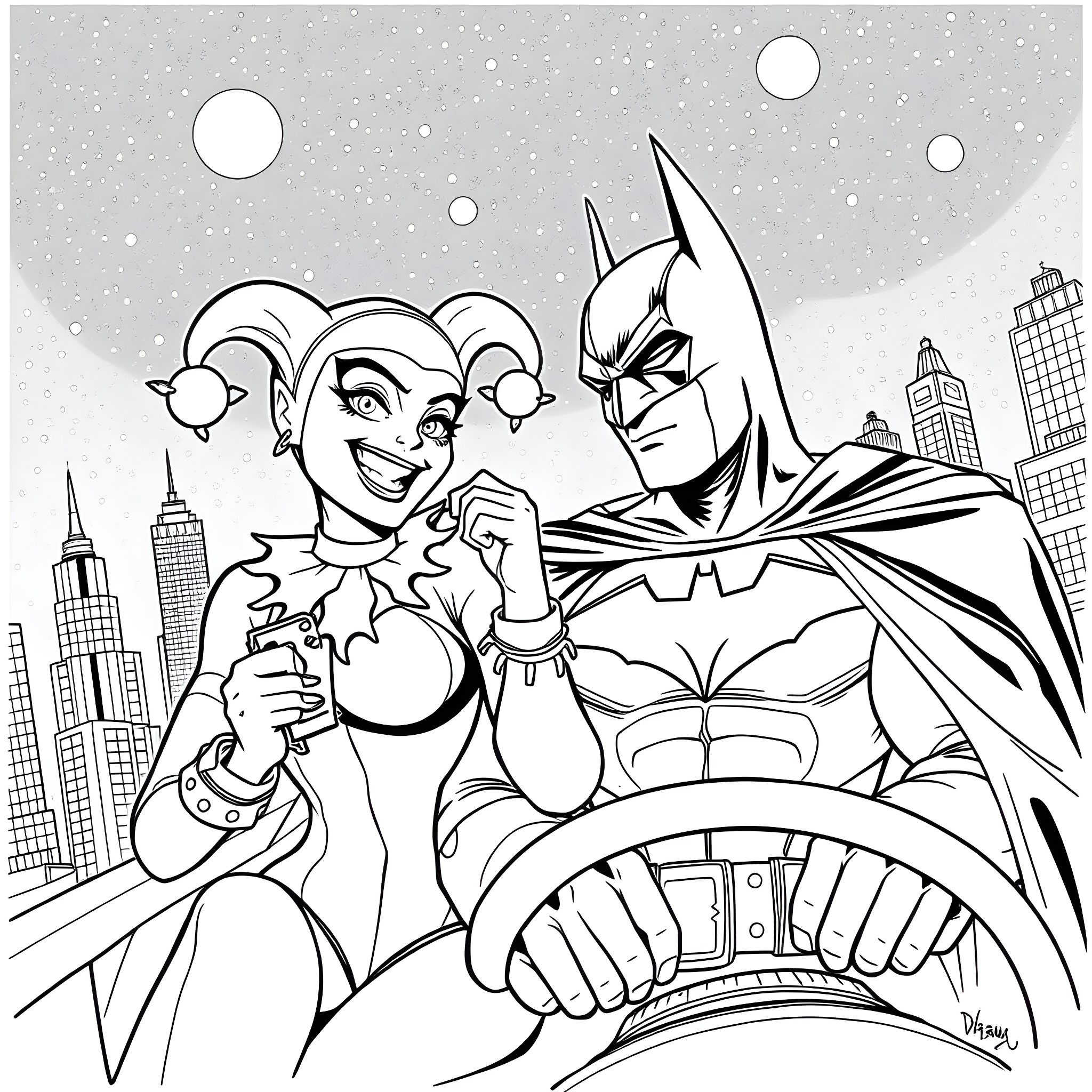 Harley Quinn and Batman in the City Coloring Page (free black-and-white line drawing printable PDF for all, from beginners to advanced learners, including children, teens, adults, and seniors)