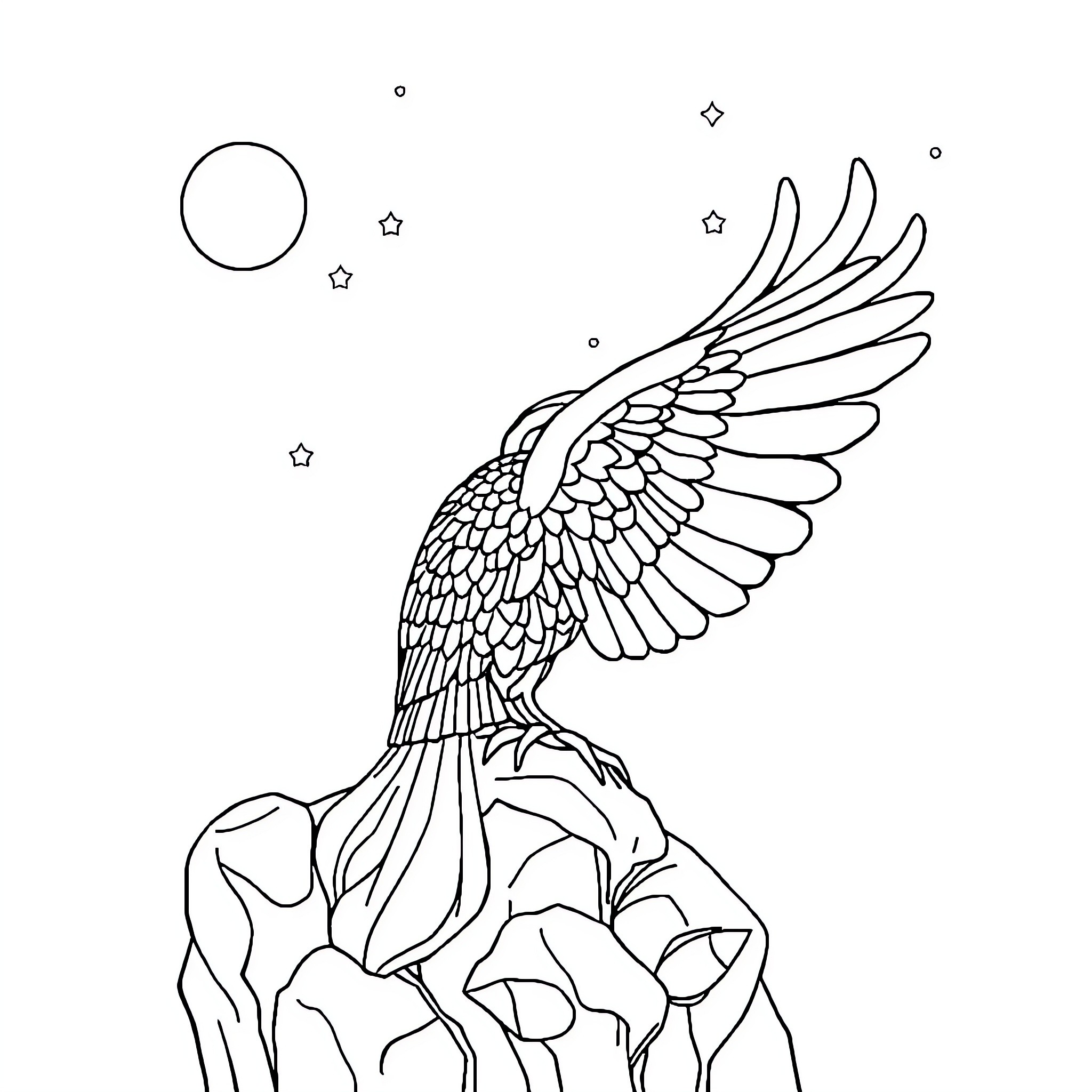 Jézus's Majestic Winged Creature Soaring over Mountainous Landscape Coloring Page (free black-and-white line drawing printable PDF for all, from beginners to advanced learners, including children, teens, adults, and seniors)