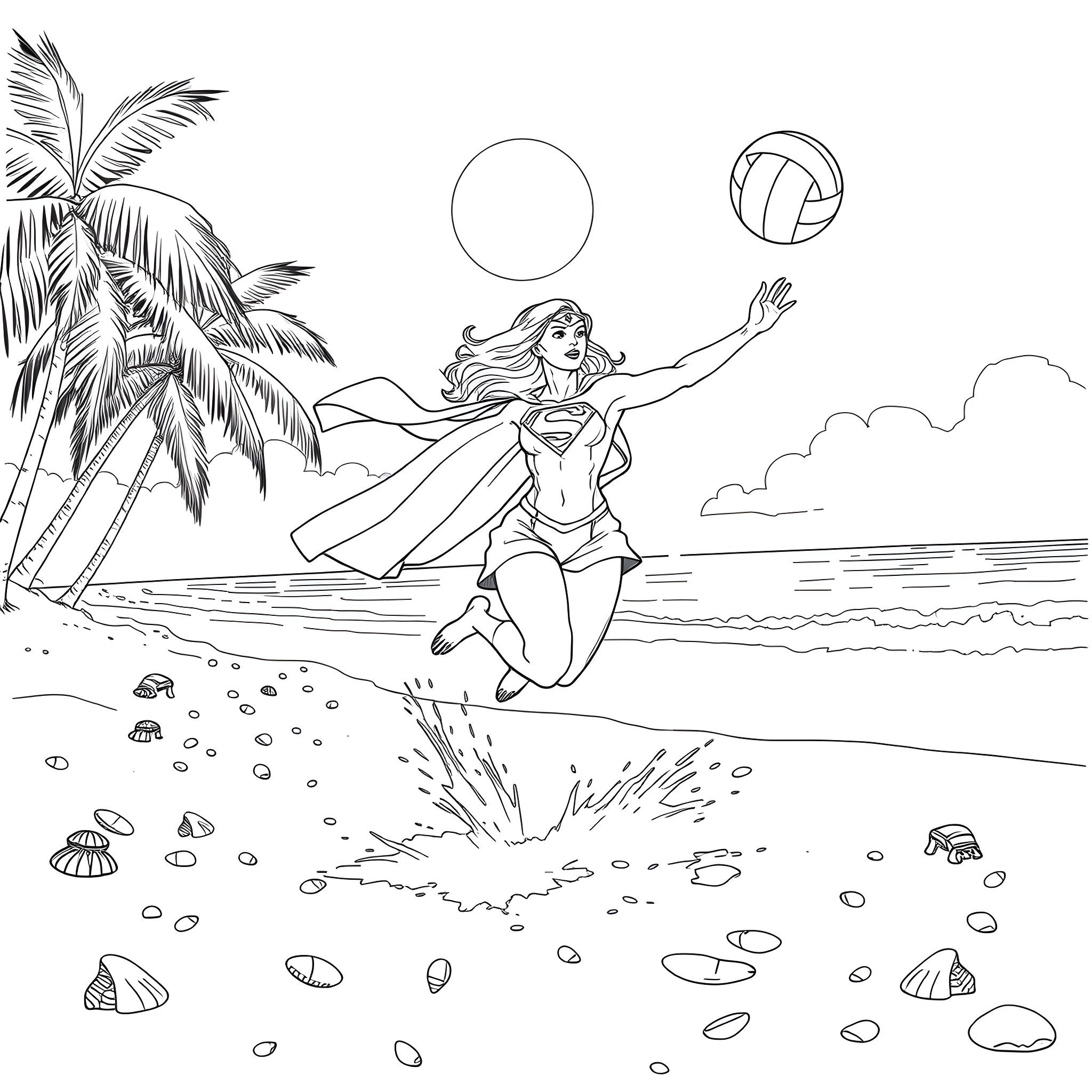 Super Girl Playing Volleyball on the Beach Coloring Page (free black-and-white line drawing printable PDF for all, from beginners to advanced learners, including children, teens, adults, and seniors)