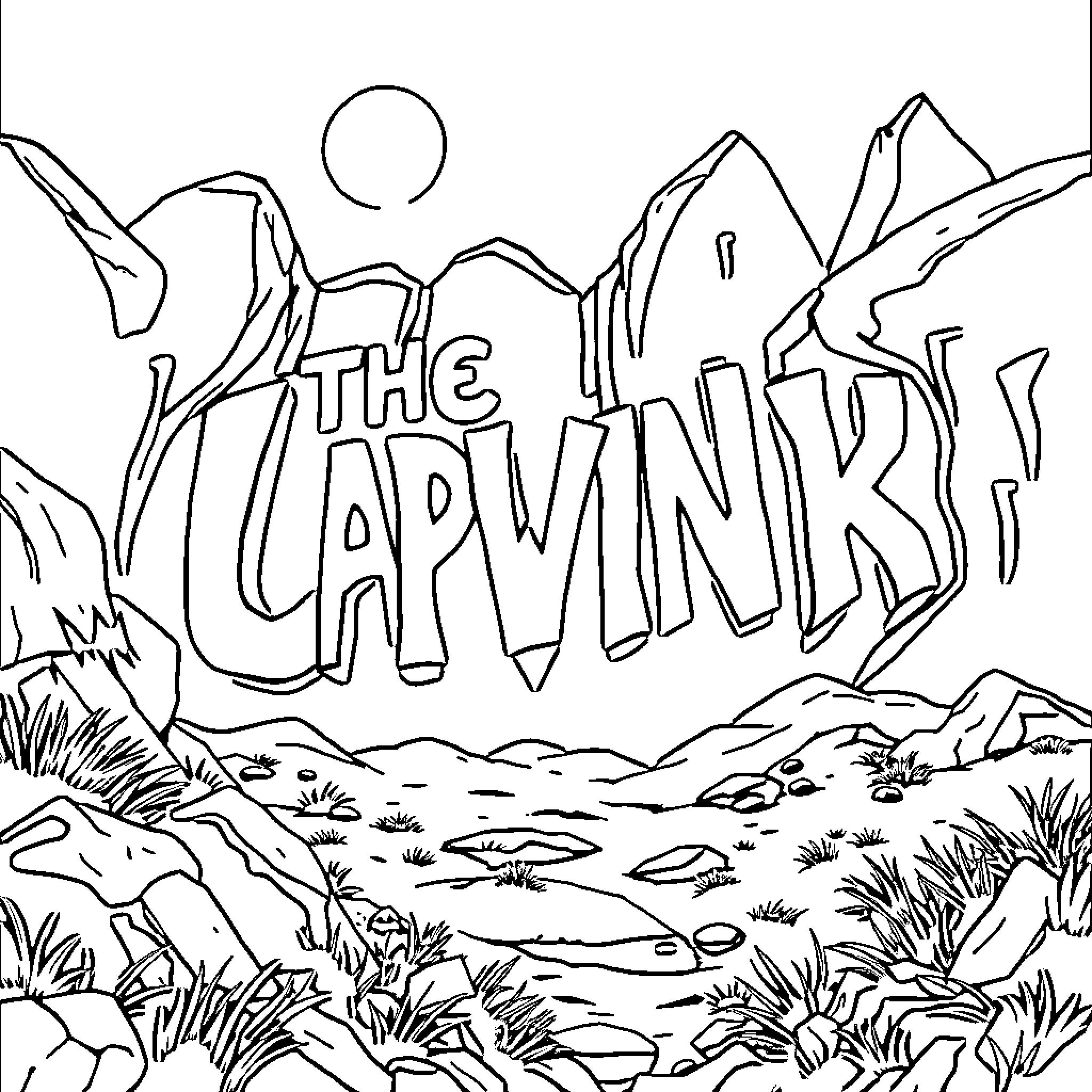 Words depicting a fanciful landscape with mountains and text Coloring Page (free black-and-white line drawing printable PDF for all, from beginners to advanced learners, including children, teens, adults, and seniors)
