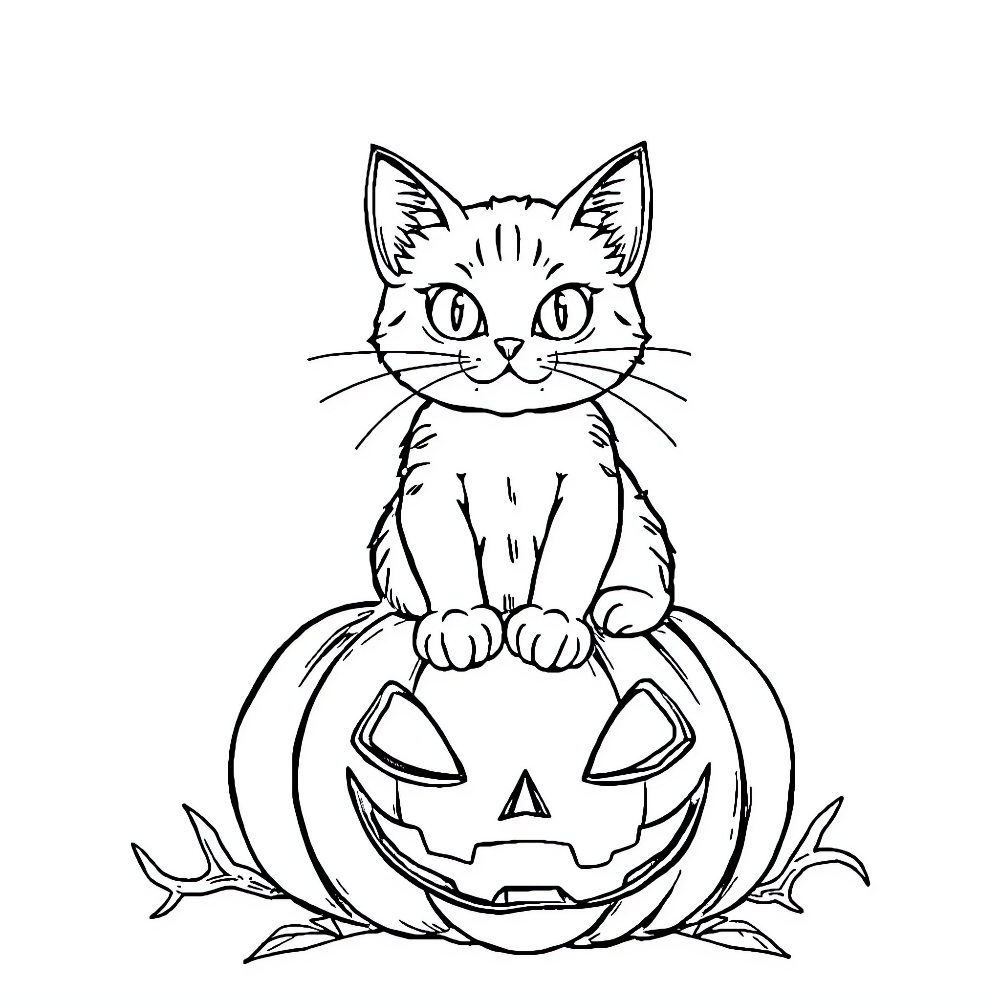 Cat sitting on Jack-o'-lantern Coloring Page (free black-and-white line drawing printable PDF for all, from beginners to advanced learners, including children, teens, adults, and seniors)