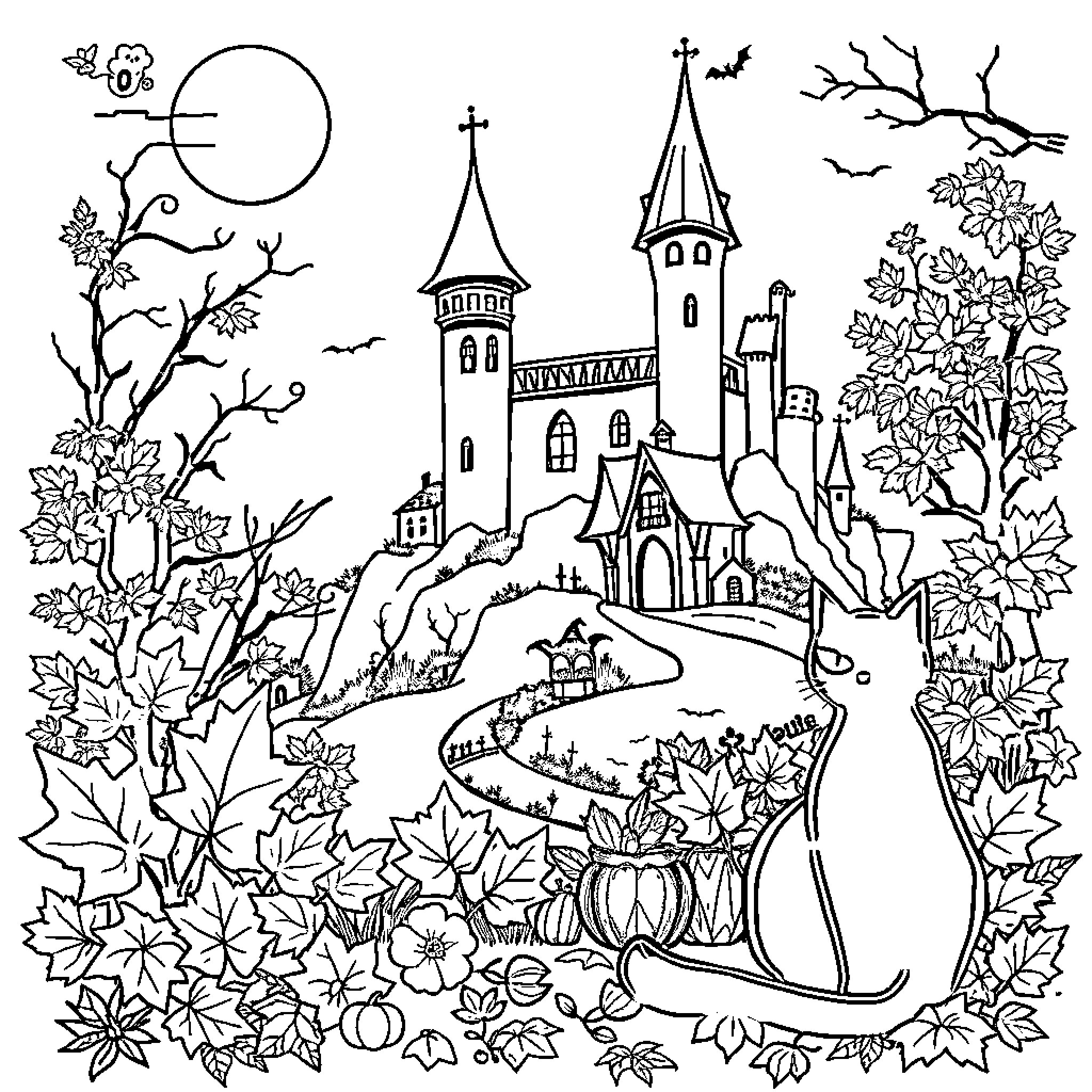 Cat exploring spooky autumn castle scene Coloring Page (free black-and-white line drawing printable PDF for all, from beginners to advanced learners, including children, teens, adults, and seniors)