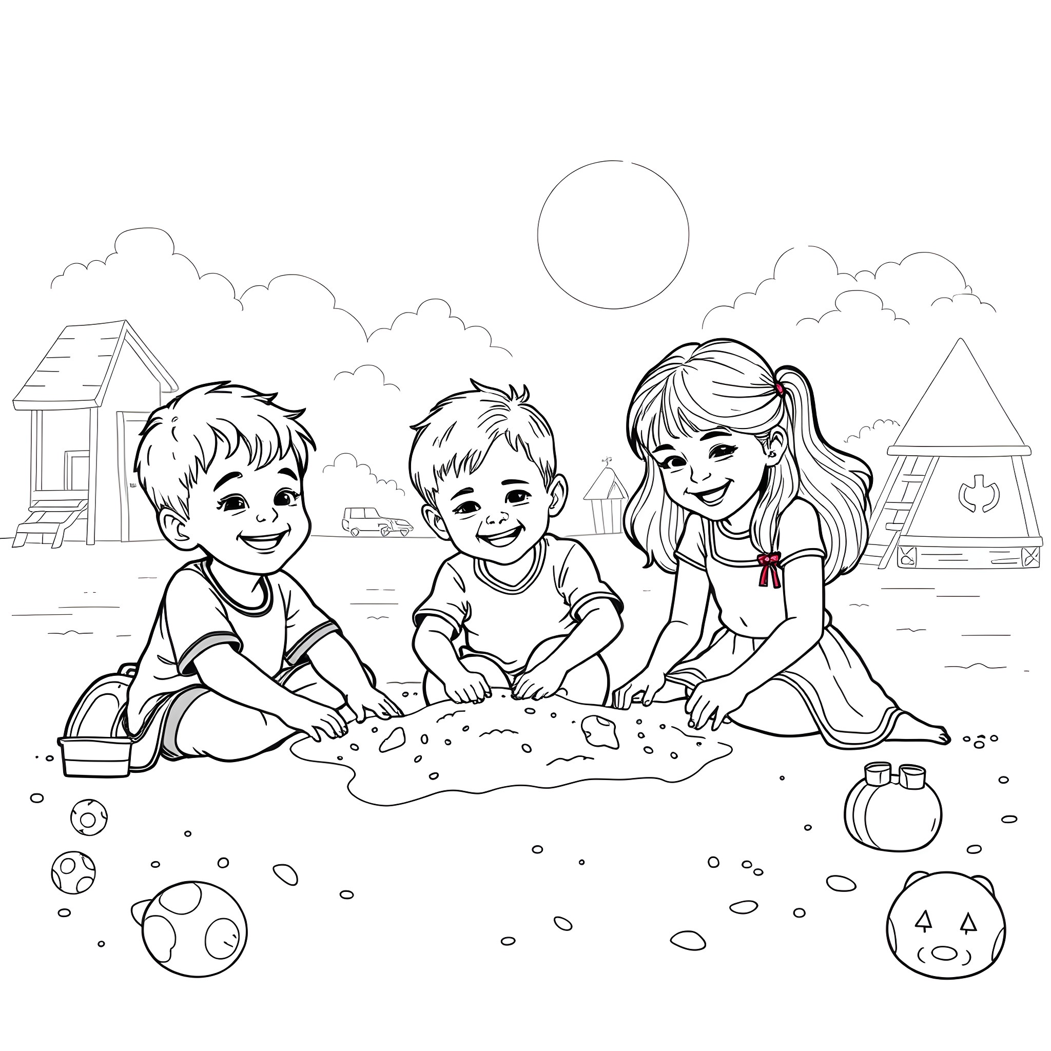 Children playing happily in the park Coloring Page (free black-and-white line drawing printable PDF for all, from beginners to advanced learners, including children, teens, adults, and seniors)