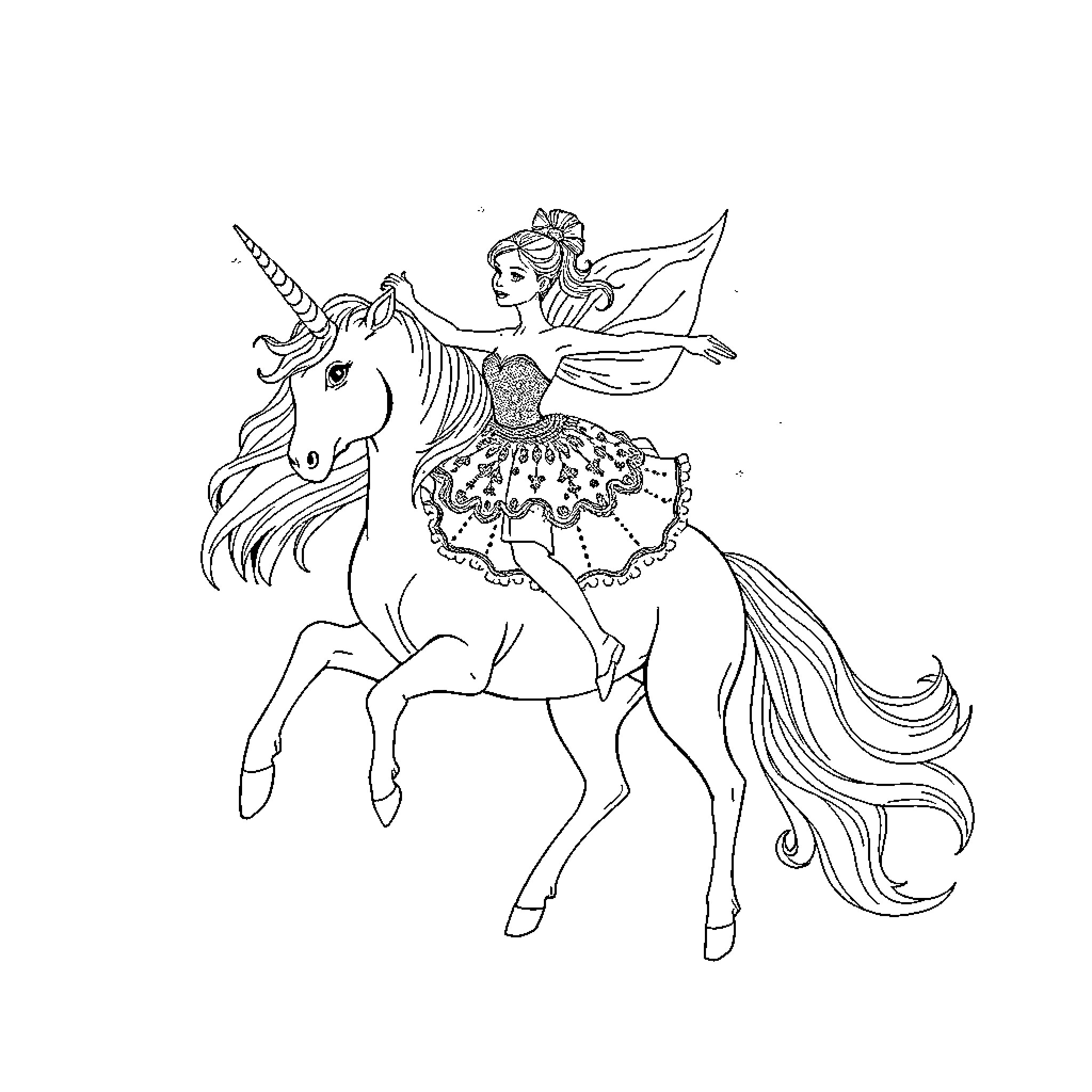 Ballerina riding a majestic unicorn Coloring Page (free black-and-white line drawing printable PDF for all, from beginners to advanced learners, including children, teens, adults, and seniors)