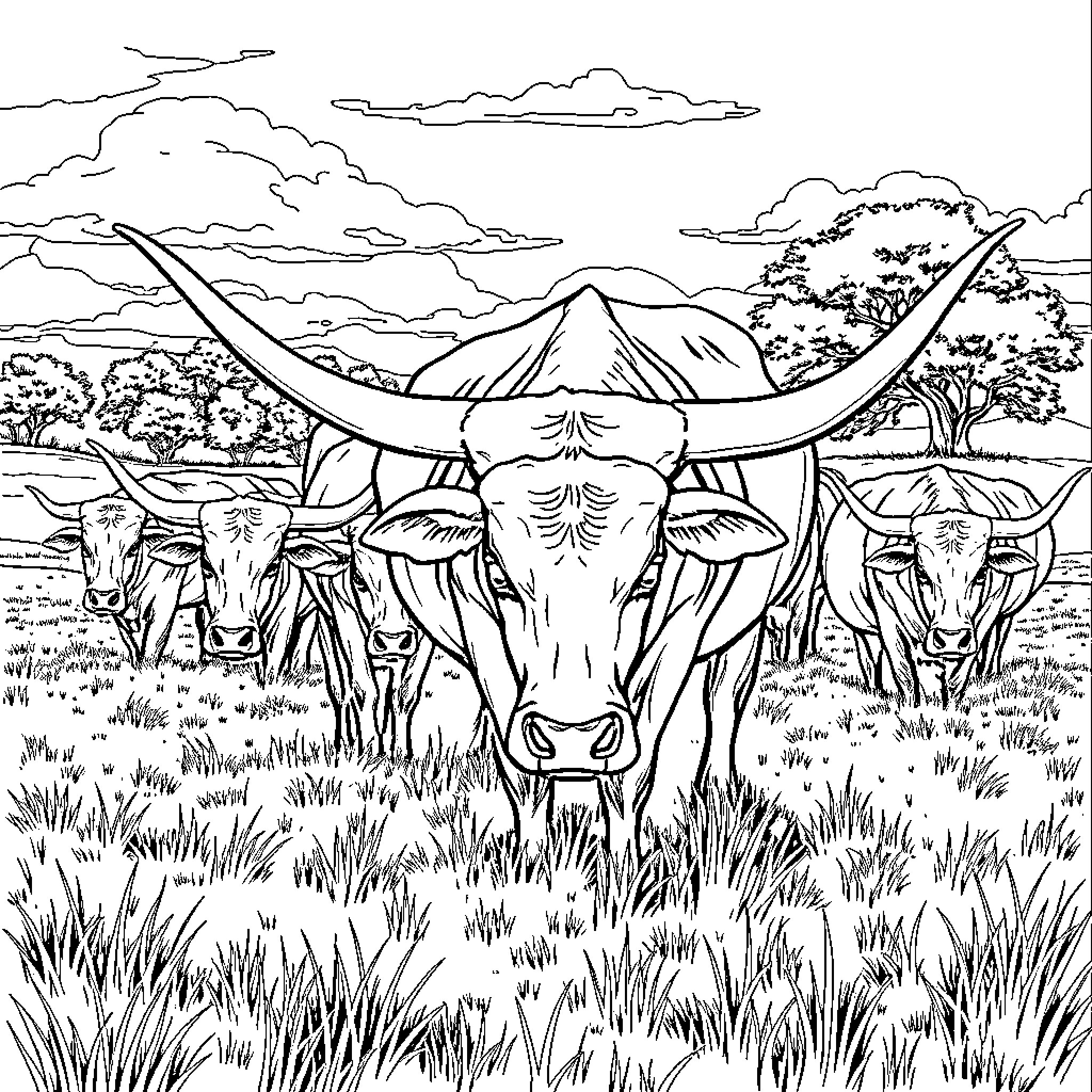 Longhorn cattle grazing in a scenic landscape Coloring Page (free black-and-white line drawing printable PDF for all, from beginners to advanced learners, including children, teens, adults, and seniors)