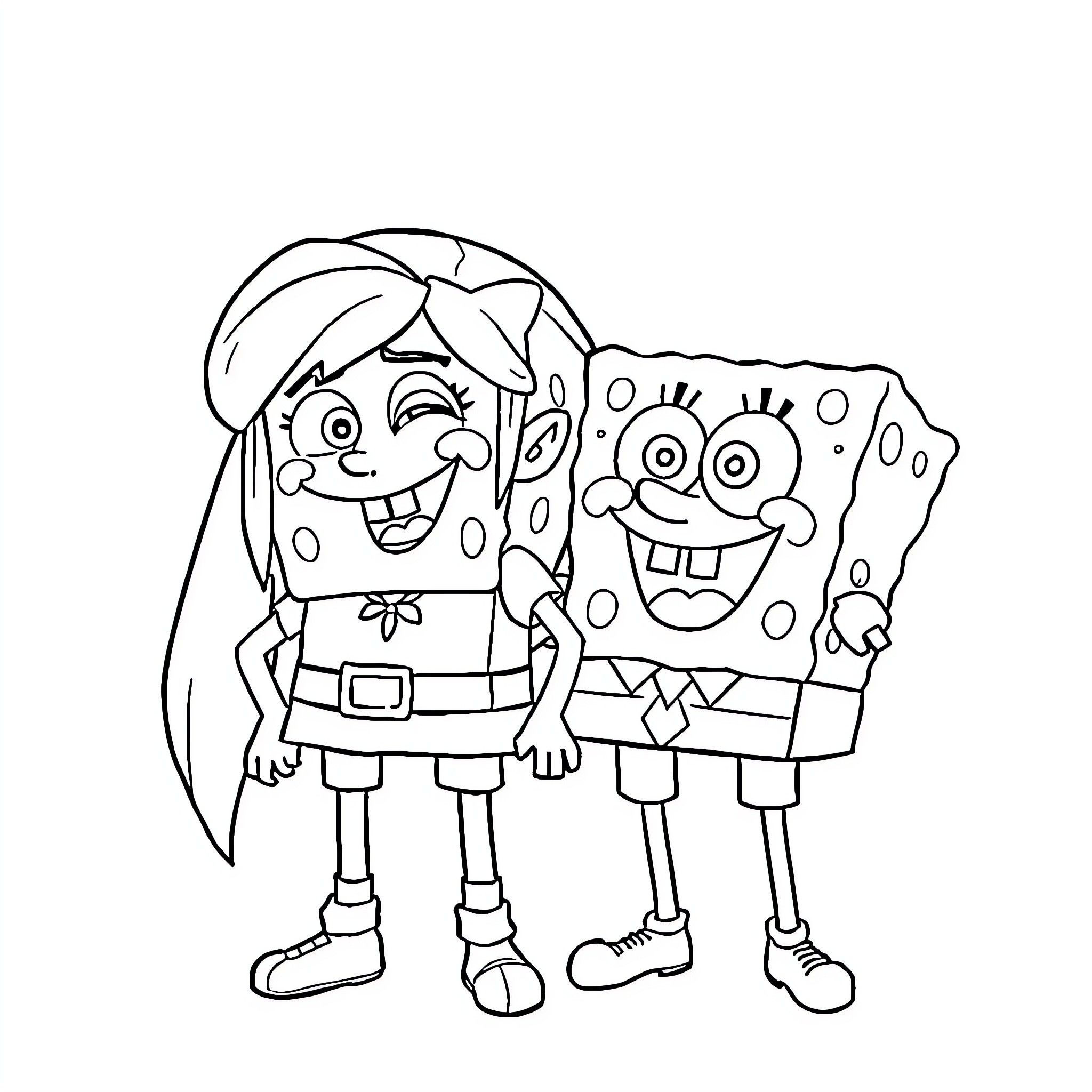 Zelda and SpongeBob in a lively scene Coloring Page (free black-and-white line drawing printable PDF for all, from beginners to advanced learners, including children, teens, adults, and seniors)