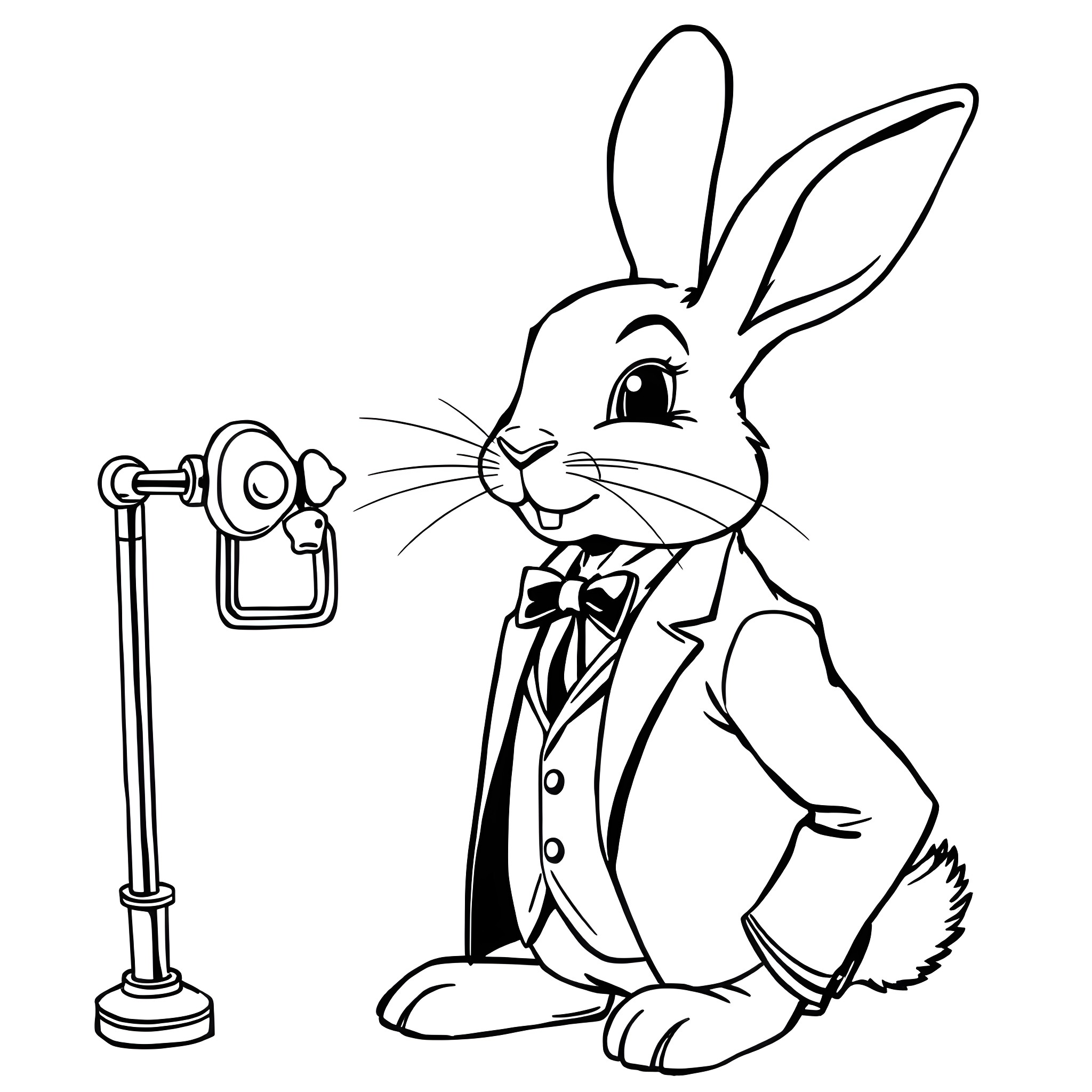 Rabbit in formal attire operating a microphone Coloring Page (free black-and-white line drawing printable PDF for all, from beginners to advanced learners, including children, teens, adults, and seniors)