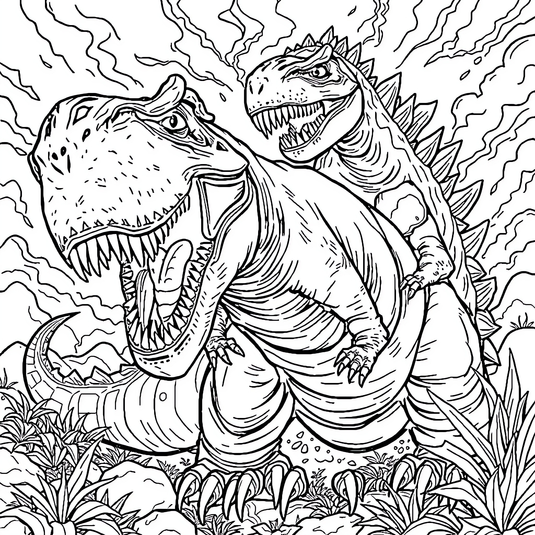 D-rex Dinosaurs in Action Duel Coloring Page (free black-and-white line drawing printable PDF for all, from beginners to advanced learners, including children, teens, adults, and seniors)