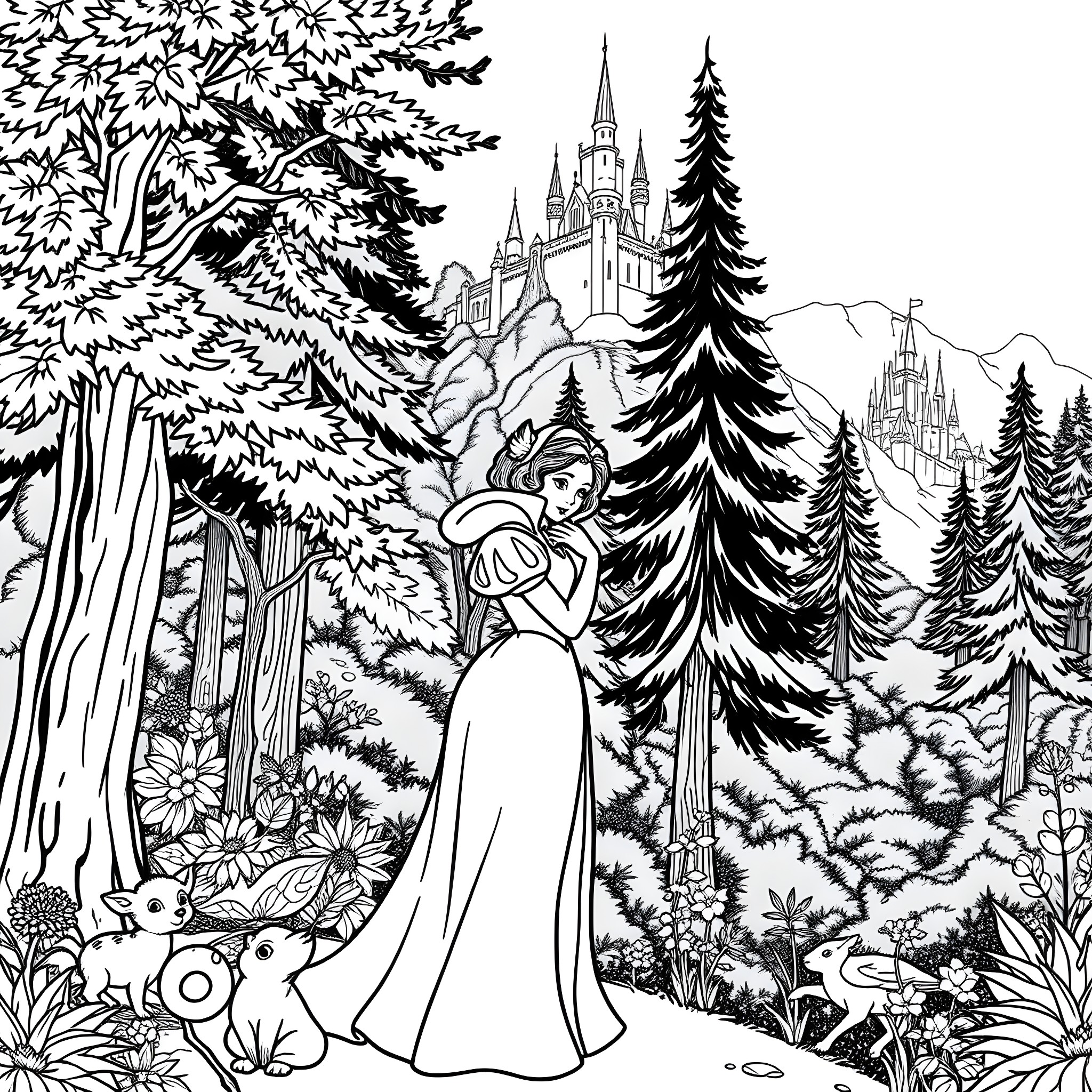 Snow White exploring the enchanting forest landscape Coloring Page (free black-and-white line drawing printable PDF for all, from beginners to advanced learners, including children, teens, adults, and seniors)