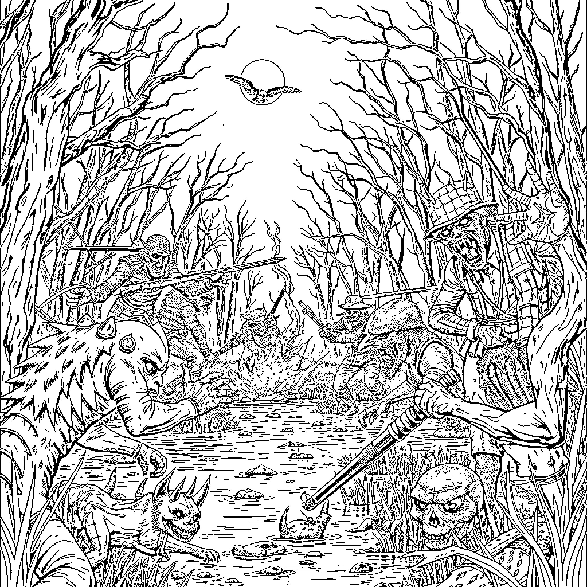 Hunt for Mythical Creatures in the Dark Forest Coloring Page (free black-and-white line drawing printable PDF for all, from beginners to advanced learners, including children, teens, adults, and seniors)