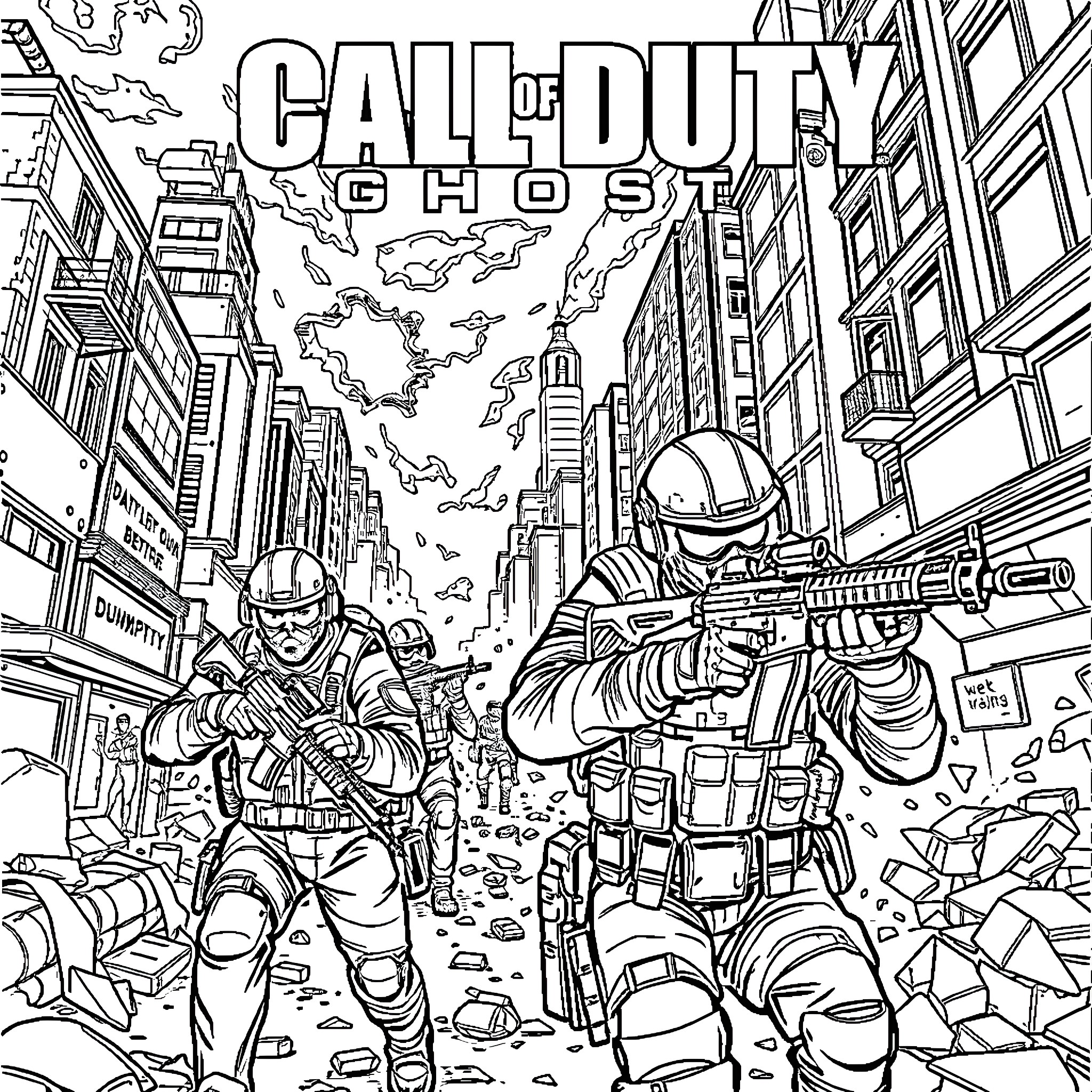 Call of Duty Ghost: Military Operatives in Urban Combat Coloring Page (free black-and-white line drawing printable PDF for all, from beginners to advanced learners, including children, teens, adults, and seniors)
