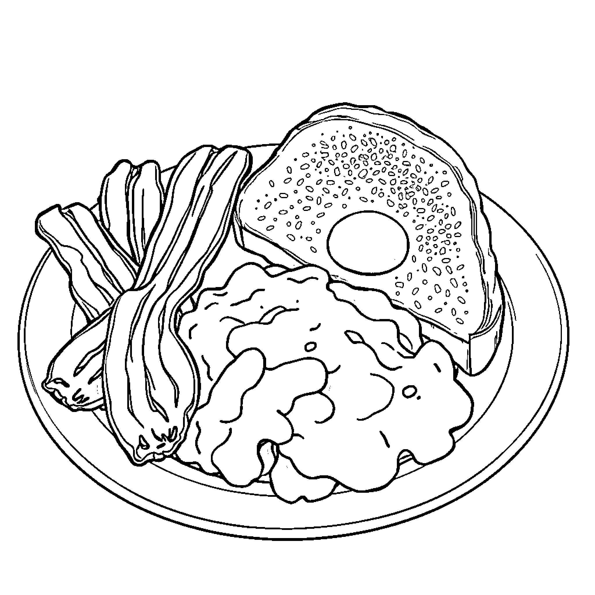 Breakfast of savory dish with egg and vegetables Coloring Page (free black-and-white line drawing printable PDF for all, from beginners to advanced learners, including children, teens, adults, and seniors)