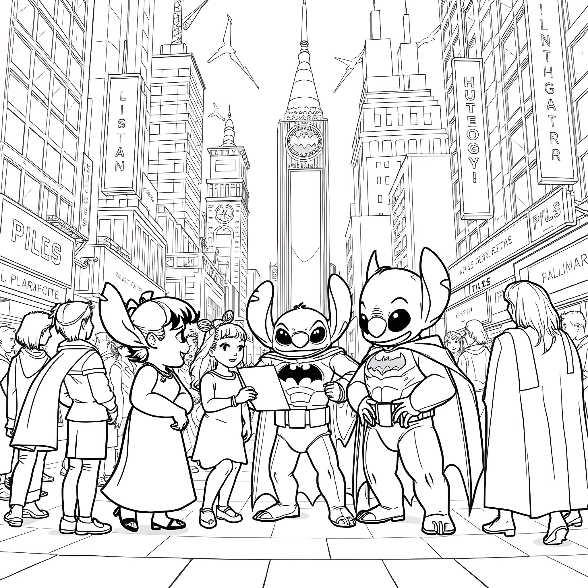 Lilo And Stitch Explore the City Coloring Page (free black-and-white line drawing printable PDF for all, from beginners to advanced learners, including children, teens, adults, and seniors)