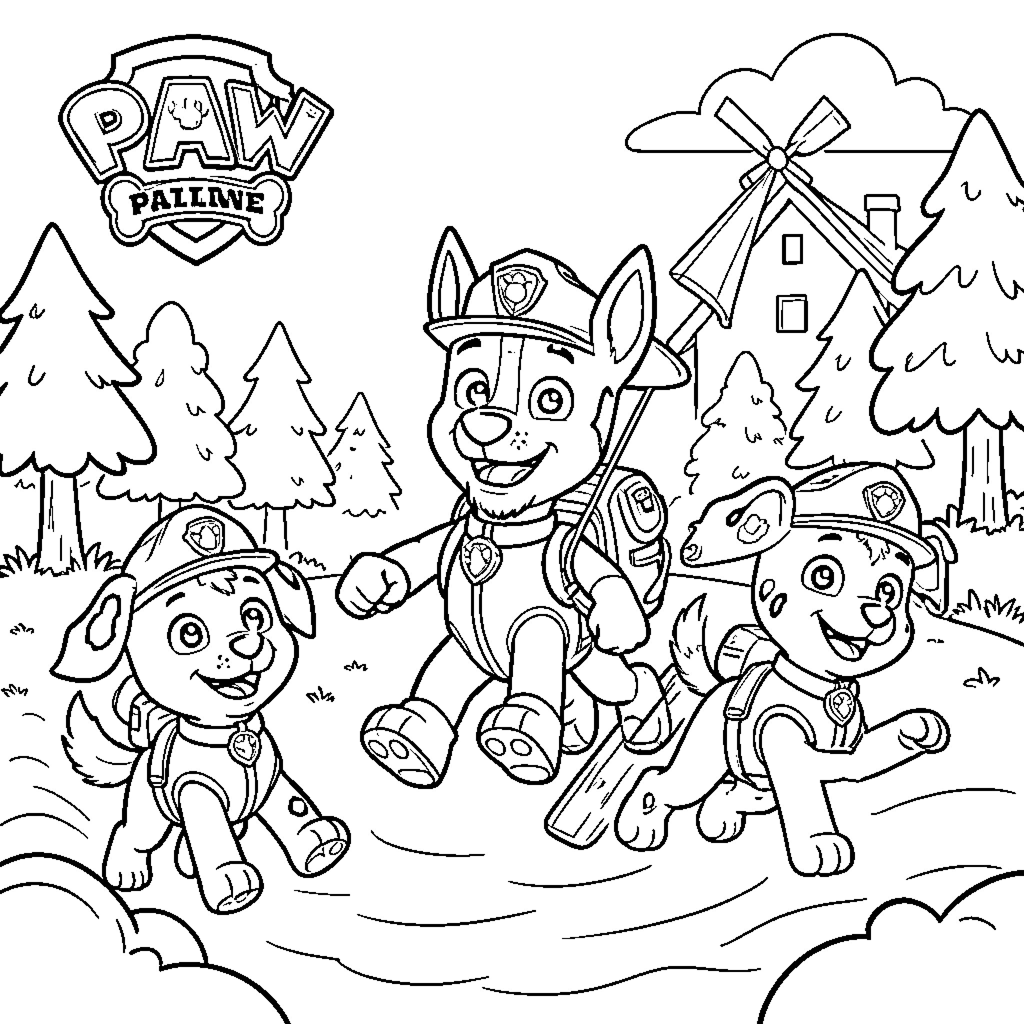 Paw Patrol pups running happily through a forest landscape Coloring Page (free black-and-white line drawing printable PDF for all, from beginners to advanced learners, including children, teens, adults, and seniors)