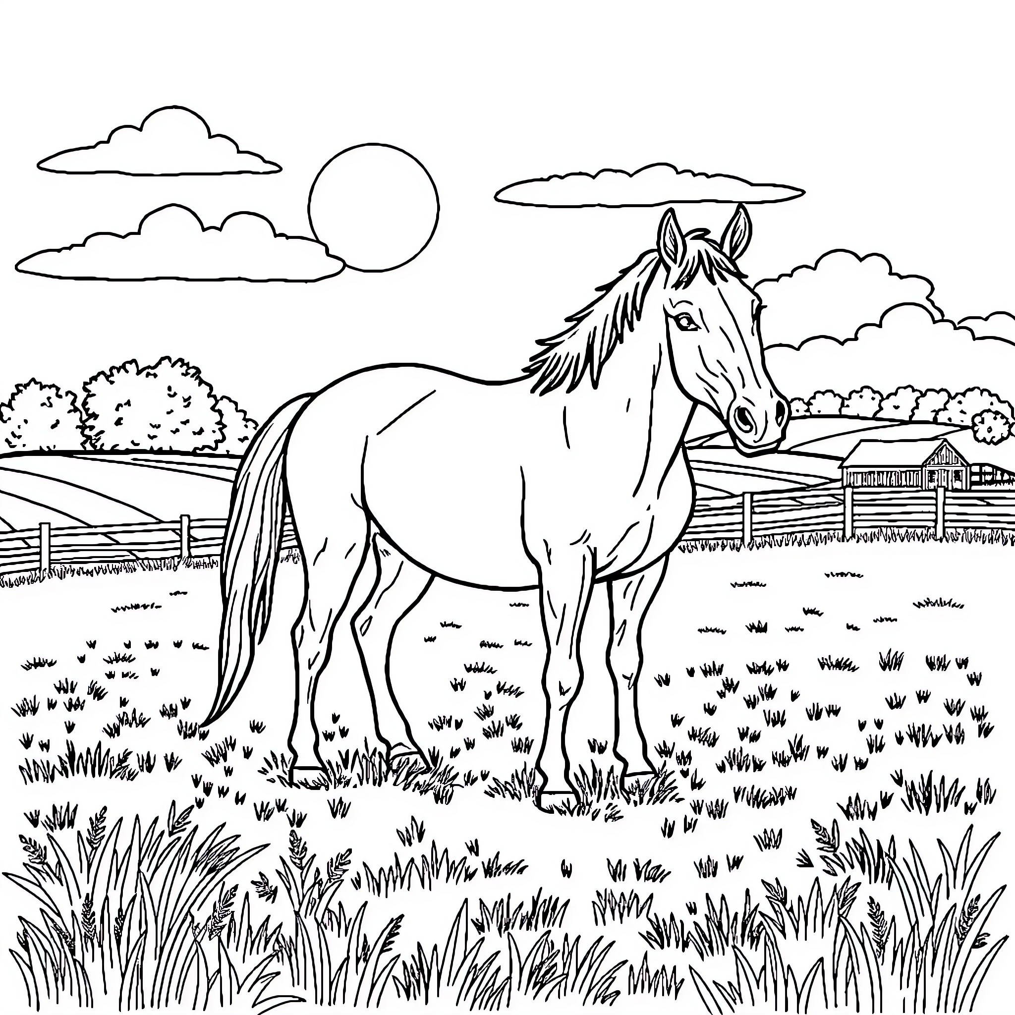 Horse grazing peacefully in a pastoral landscape Coloring Page (free black-and-white line drawing printable PDF for all, from beginners to advanced learners, including children, teens, adults, and seniors)