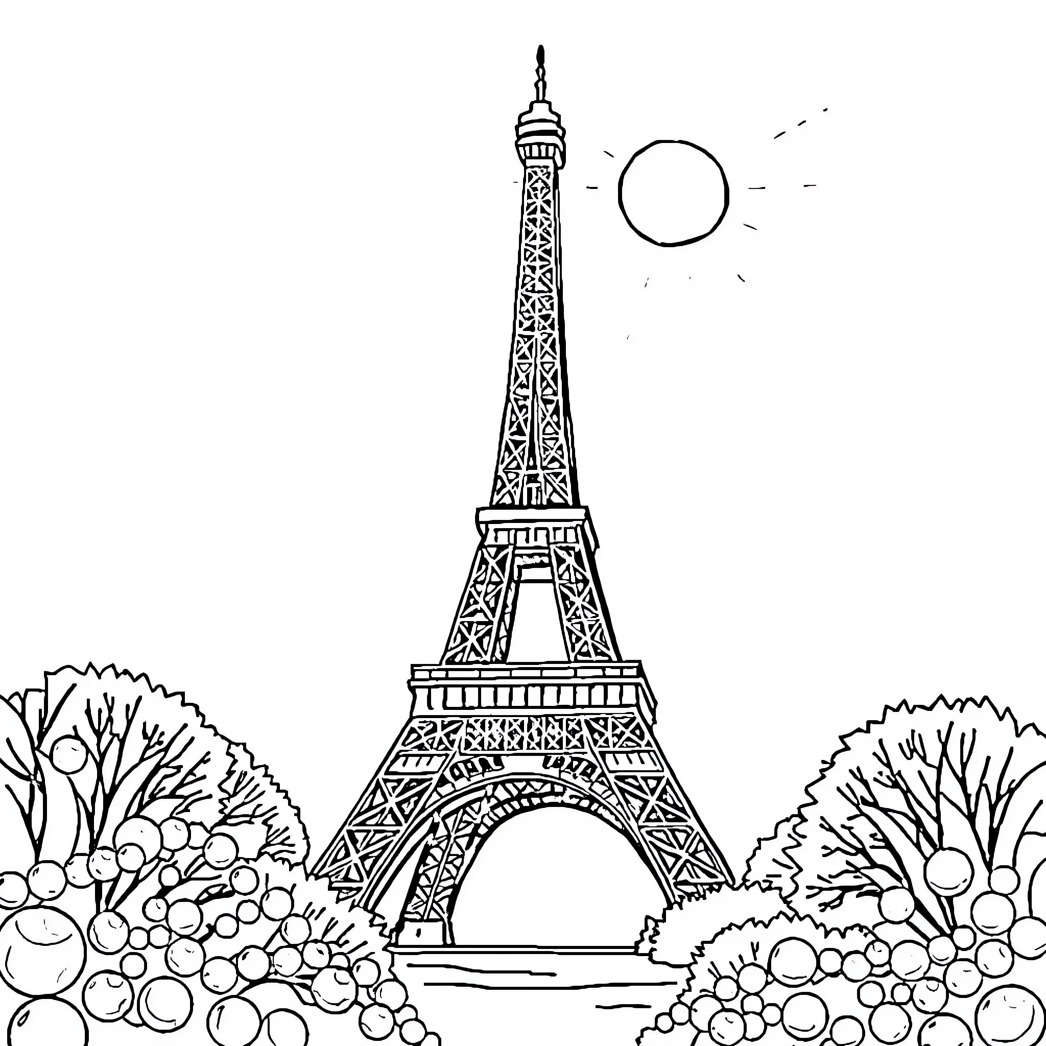 Eiffel Tower surrounded by blooming flowers and nature Coloring Page (free black-and-white line drawing printable PDF for all, from beginners to advanced learners, including children, teens, adults, and seniors)