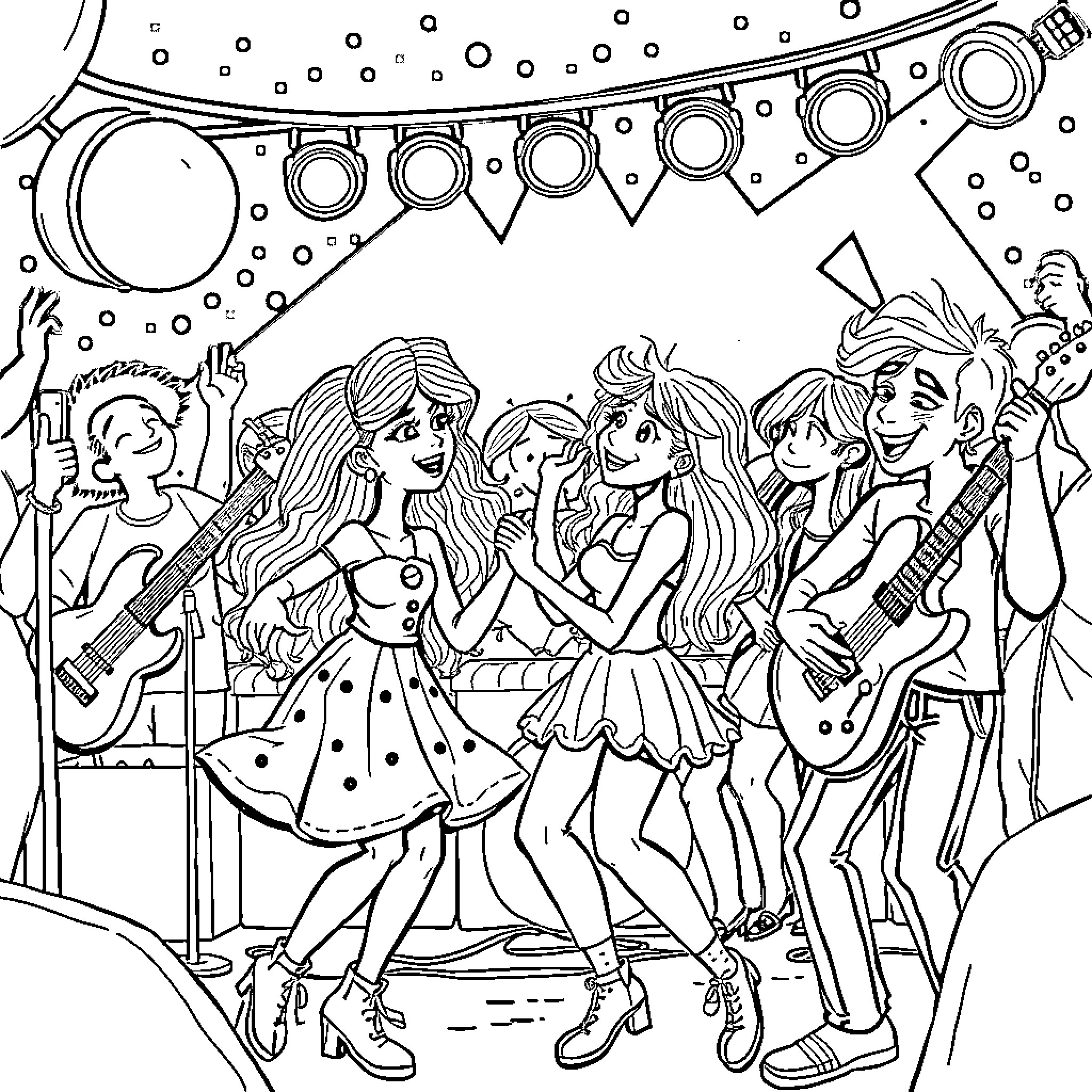 Blue Celebration of Young Musicians Coloring Page (free black-and-white line drawing printable PDF for all, from beginners to advanced learners, including children, teens, adults, and seniors)