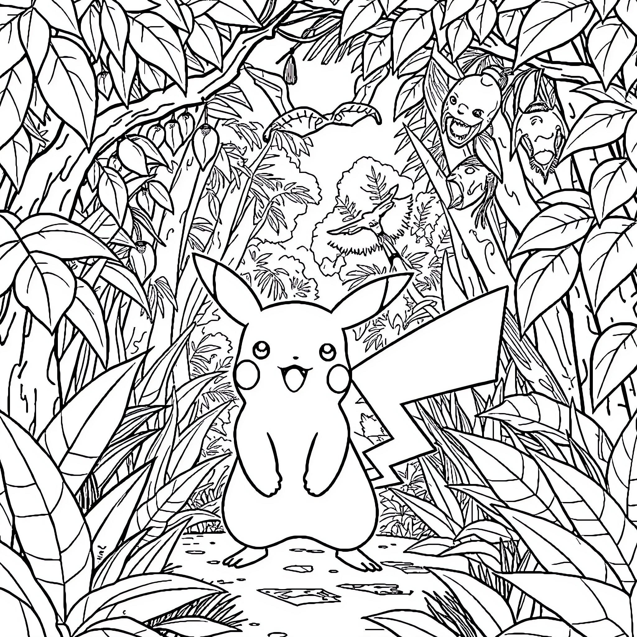 Pikachu exploring the lush jungle landscape Coloring Page (free black-and-white line drawing printable PDF for all, from beginners to advanced learners, including children, teens, adults, and seniors)