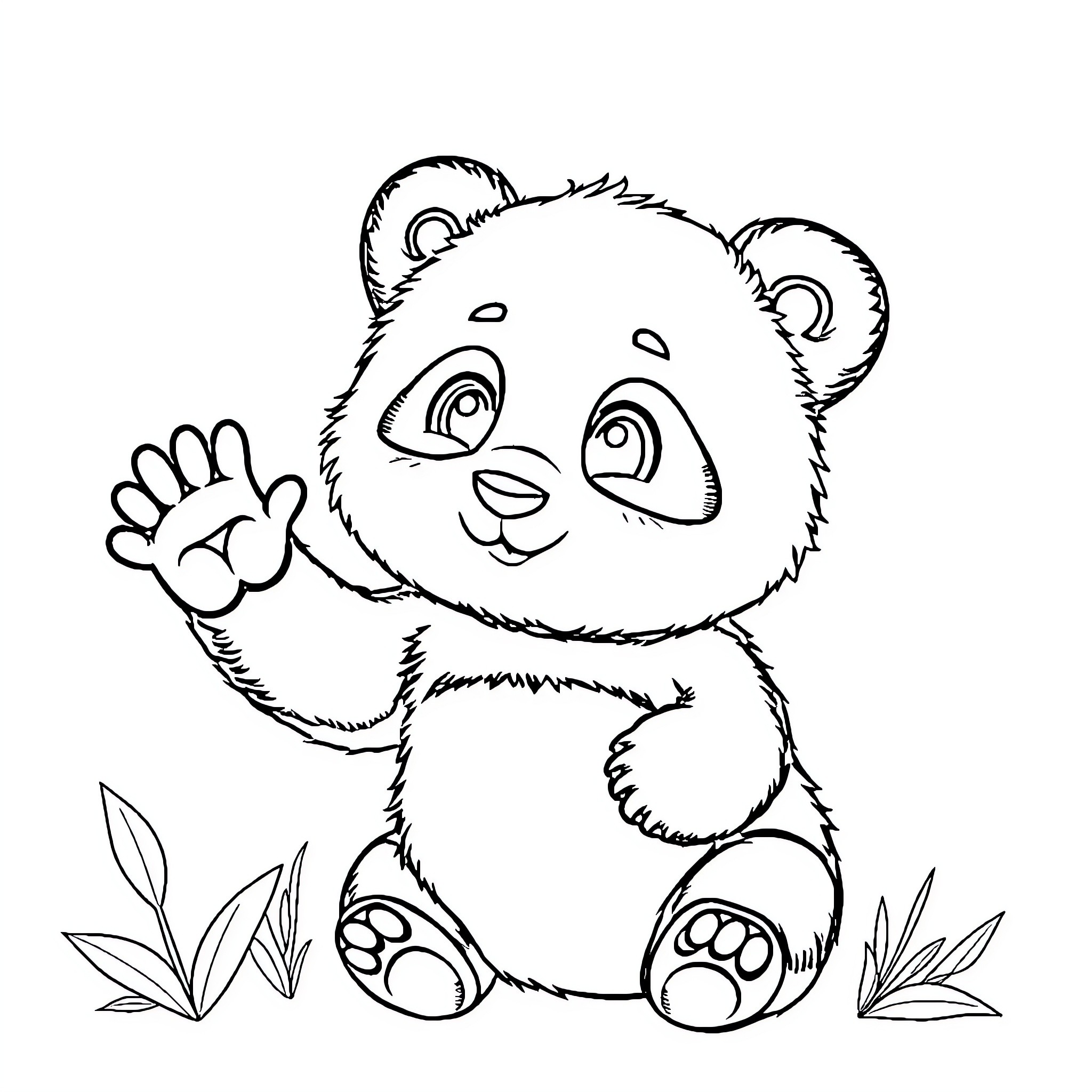Panda waving happily in nature Coloring Page (free black-and-white line drawing printable PDF for all, from beginners to advanced learners, including children, teens, adults, and seniors)
