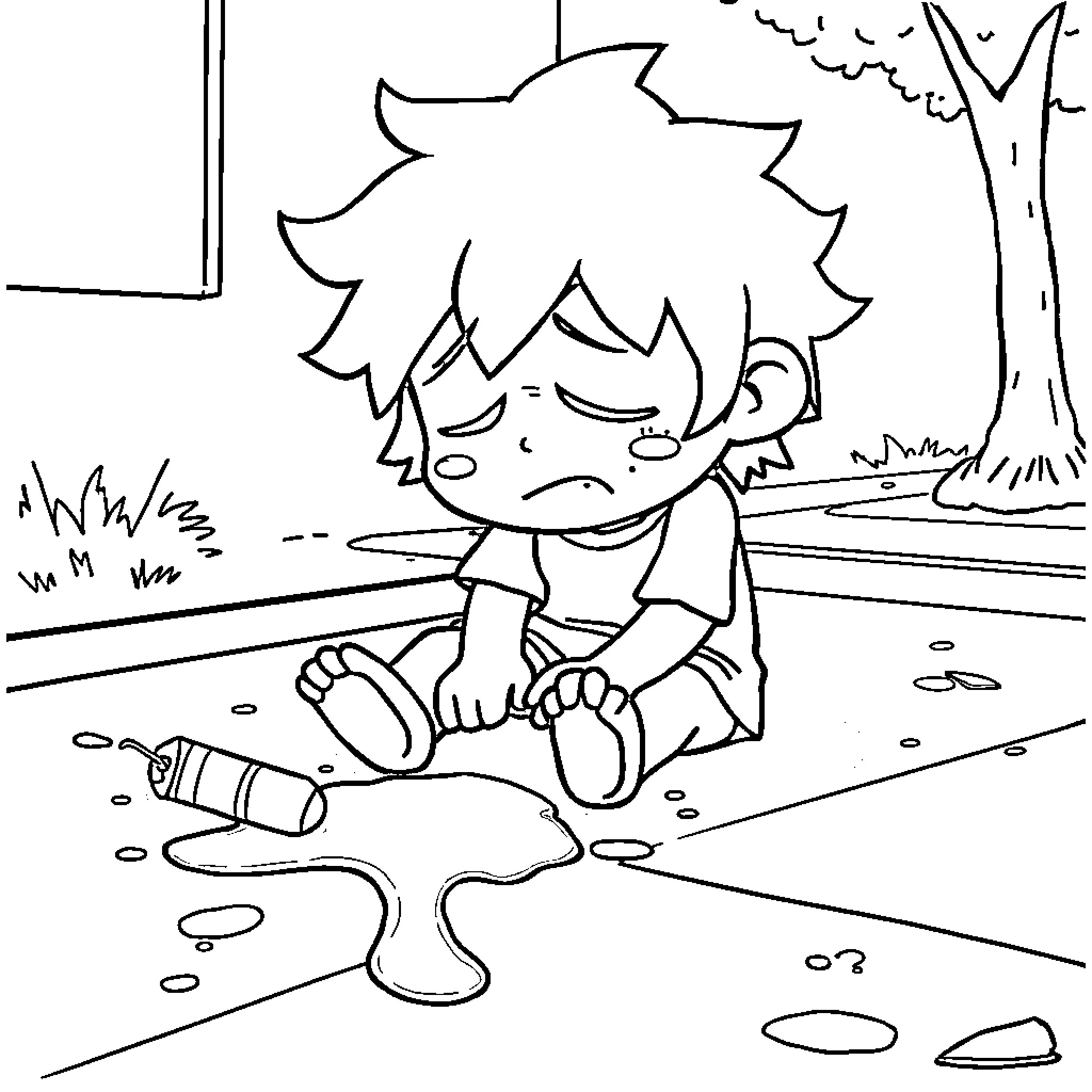 Deku sitting alone in distress Coloring Page (free black-and-white line drawing printable PDF for all, from beginners to advanced learners, including children, teens, adults, and seniors)