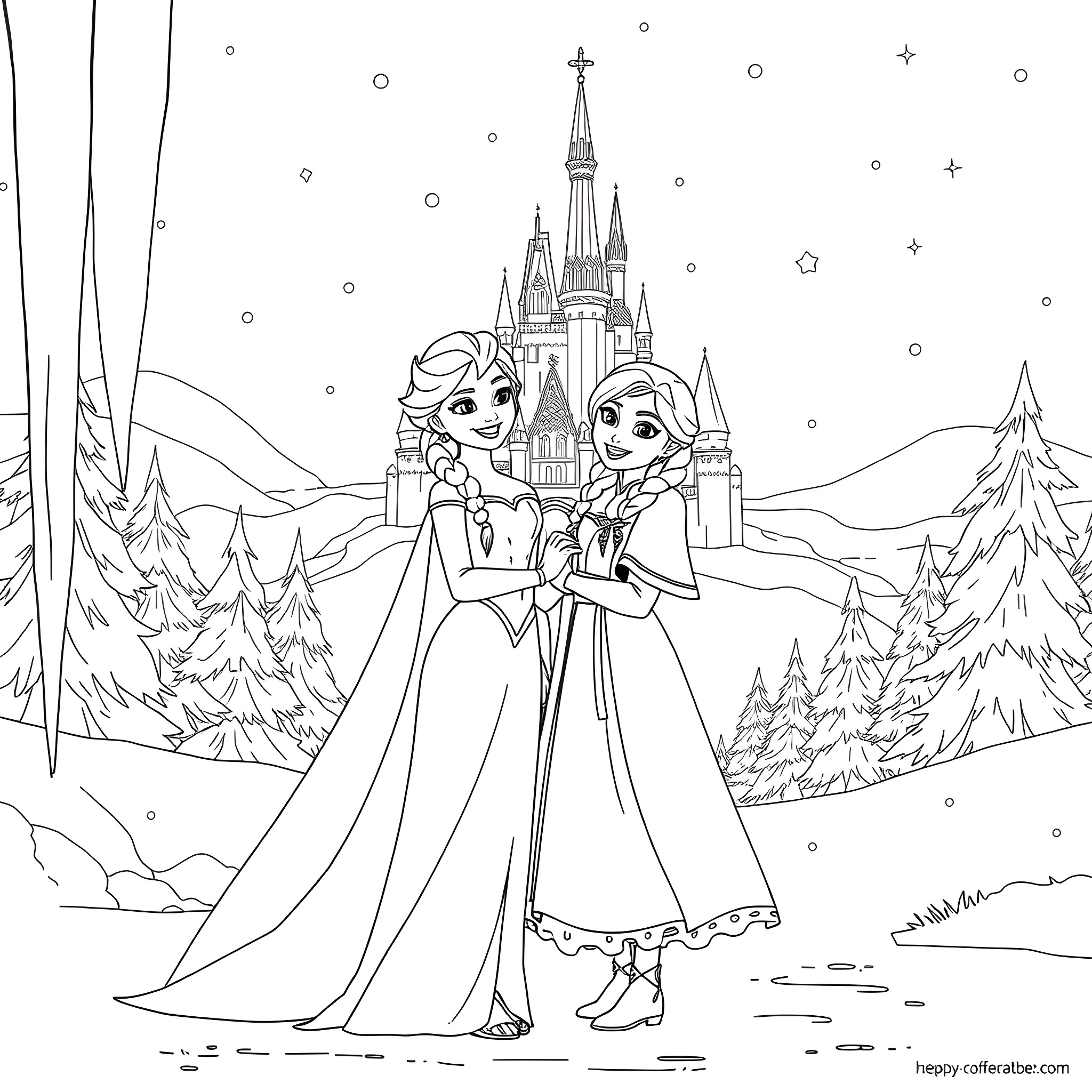 Elsa and Anna enjoying the winter wonderland in front of the castle Coloring Page (free black-and-white line drawing printable PDF for all, from beginners to advanced learners, including children, teens, adults, and seniors)