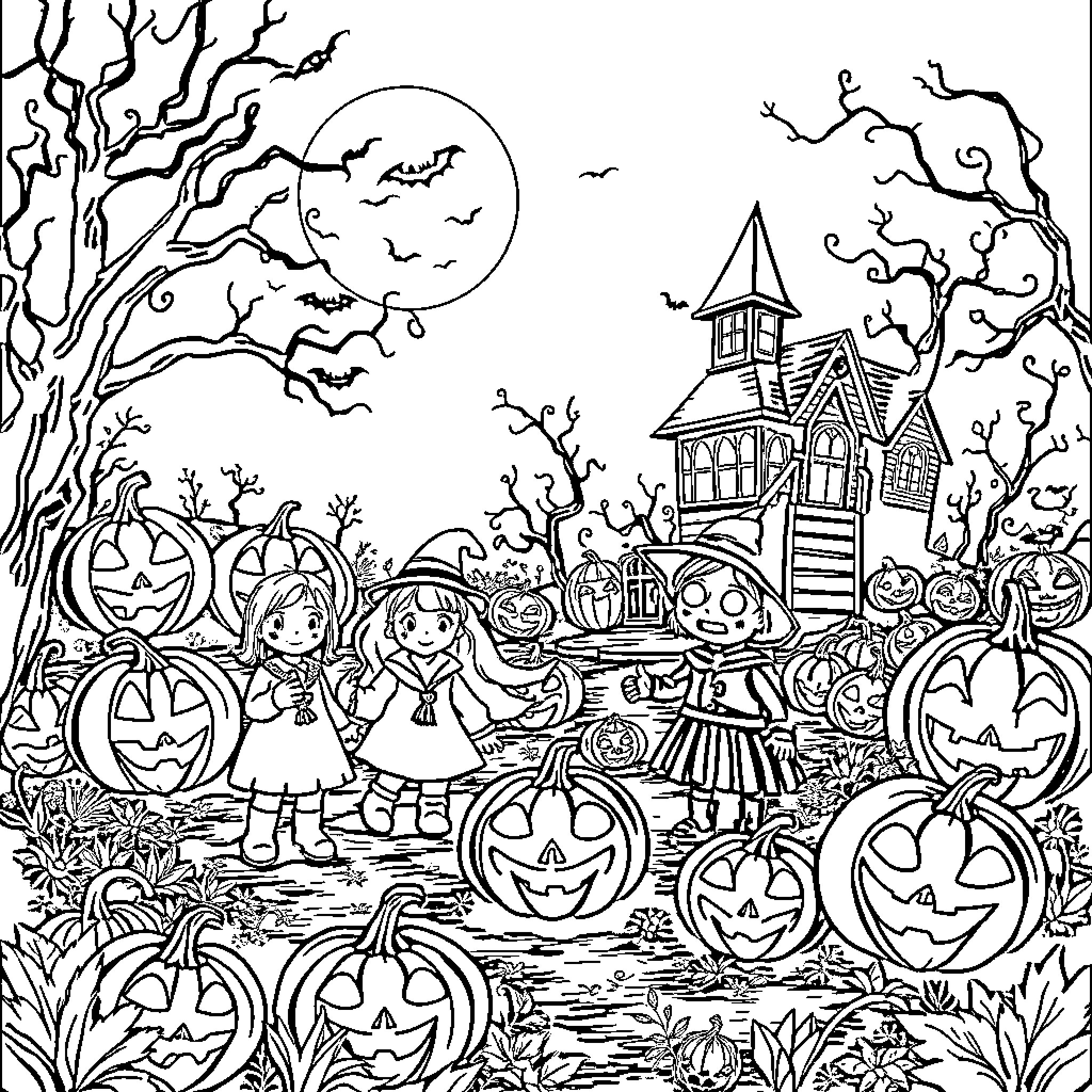 Halloween children in costume playing in a spooky yard Coloring Page (free black-and-white line drawing printable PDF for all, from beginners to advanced learners, including children, teens, adults, and seniors)