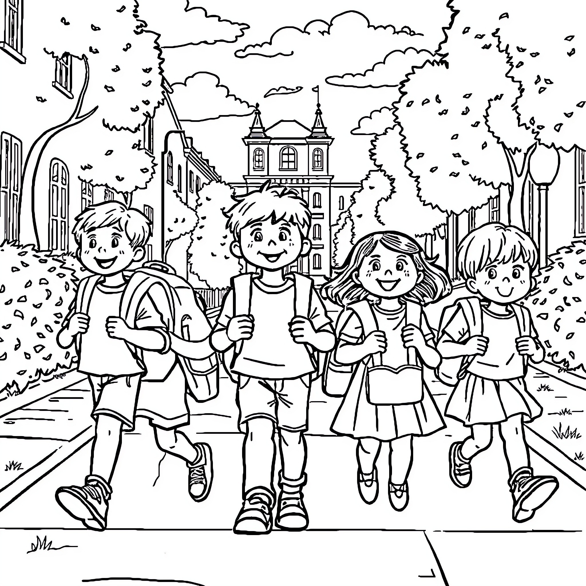 Child Enjoying Outdoor Adventure with Friends Coloring Page (free black-and-white line drawing printable PDF for all, from beginners to advanced learners, including children, teens, adults, and seniors)