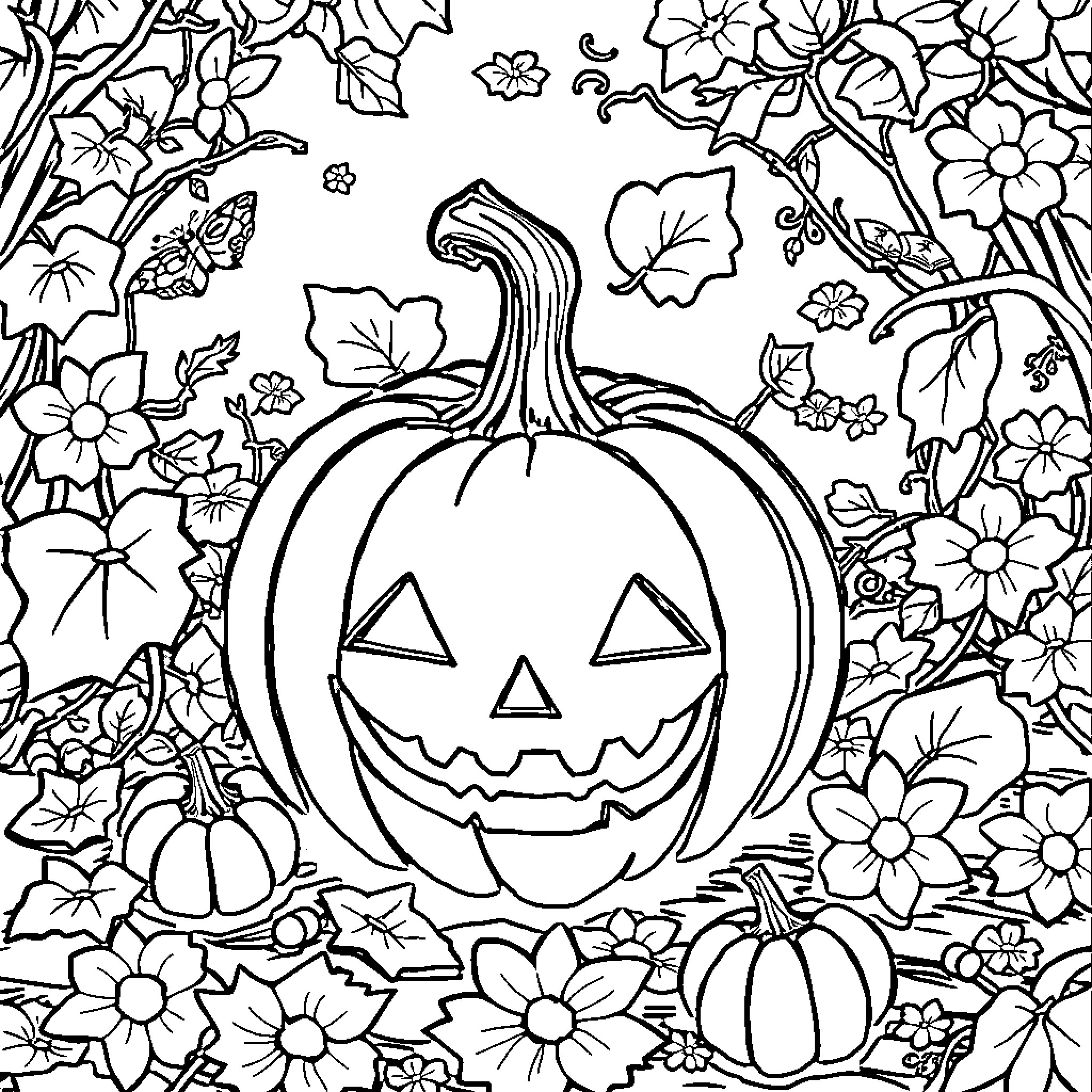 Pumpkin carving amidst floral patterns Coloring Page (free black-and-white line drawing printable PDF for all, from beginners to advanced learners, including children, teens, adults, and seniors)