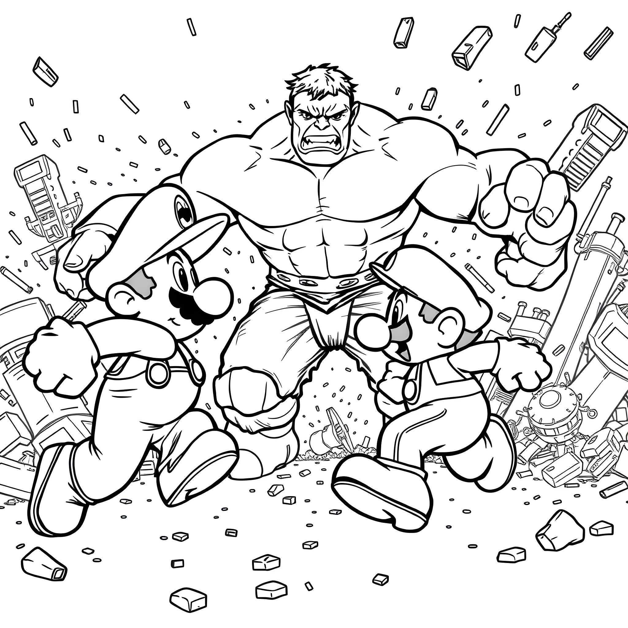 Super Mario vs Hulk in Epic Clash Coloring Page (free black-and-white line drawing printable PDF for all, from beginners to advanced learners, including children, teens, adults, and seniors)