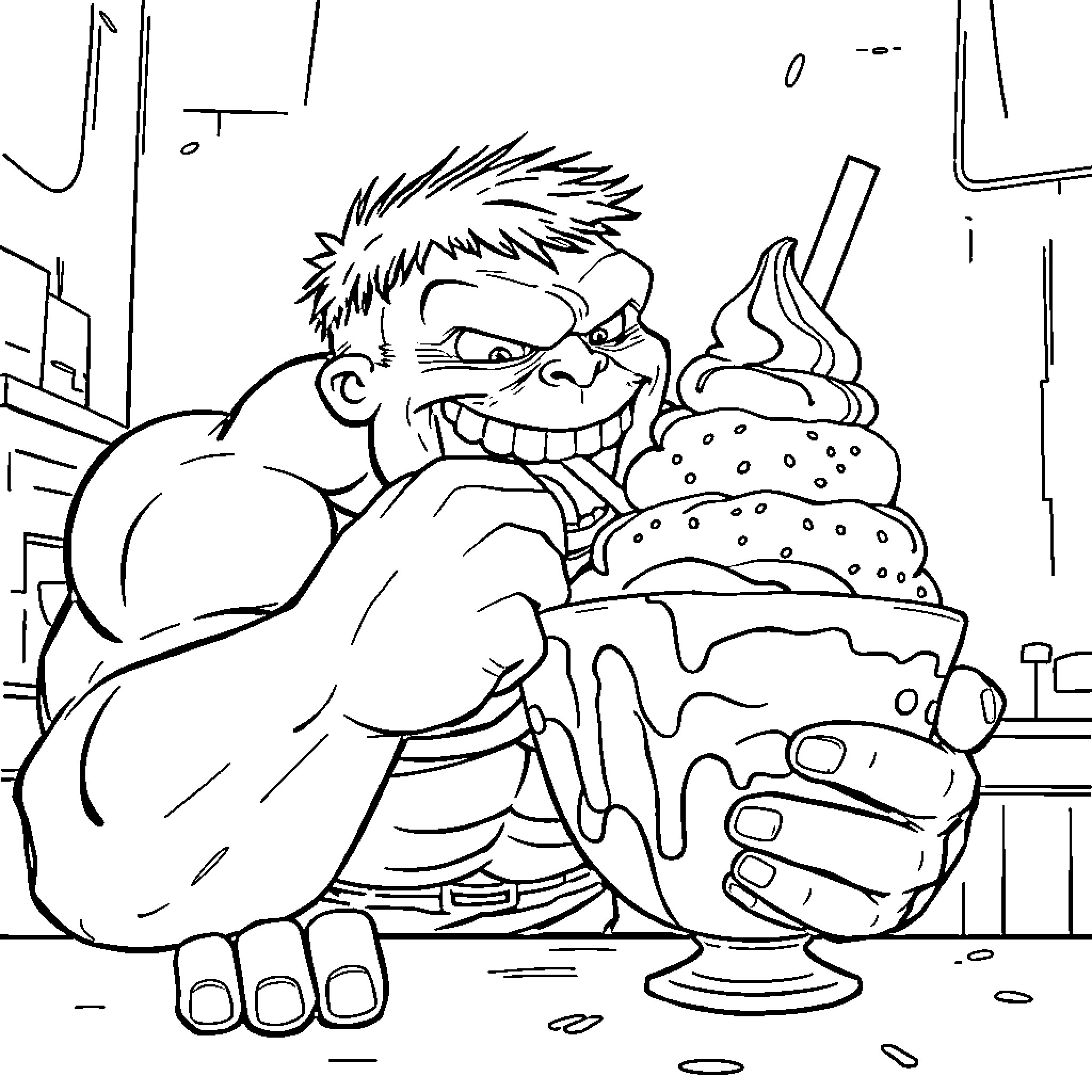 Hulk Enjoys a Delicious Ice Cream Sundae Coloring Page (free black-and-white line drawing printable PDF for all, from beginners to advanced learners, including children, teens, adults, and seniors)