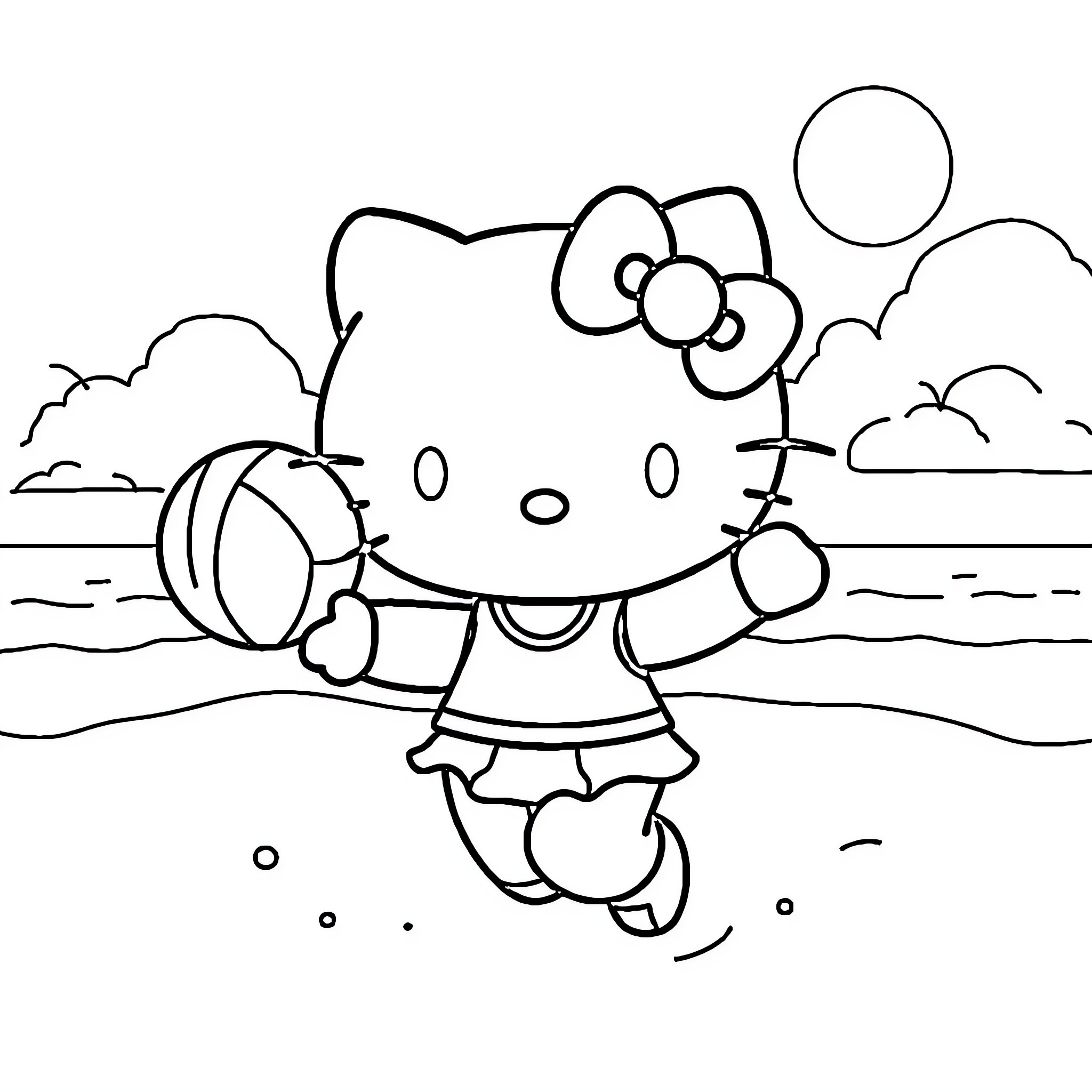Hello Kitty playing at the beach Coloring Page (free black-and-white line drawing printable PDF for all, from beginners to advanced learners, including children, teens, adults, and seniors)