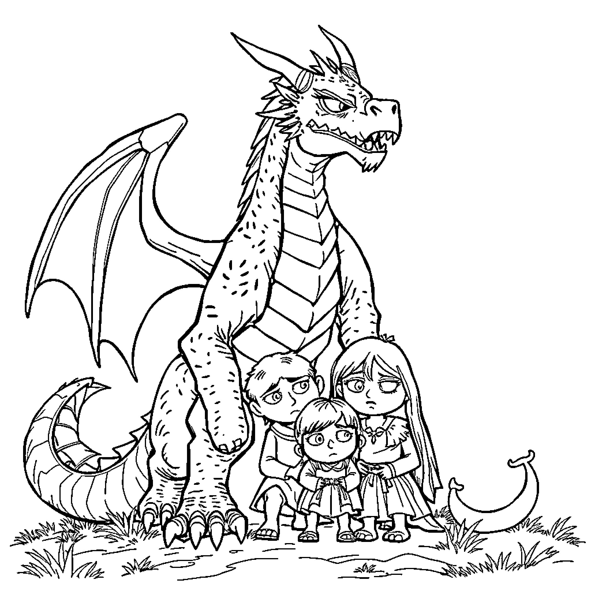Dragon protecting young adventurers in the wilderness Coloring Page (free black-and-white line drawing printable PDF for all, from beginners to advanced learners, including children, teens, adults, and seniors)