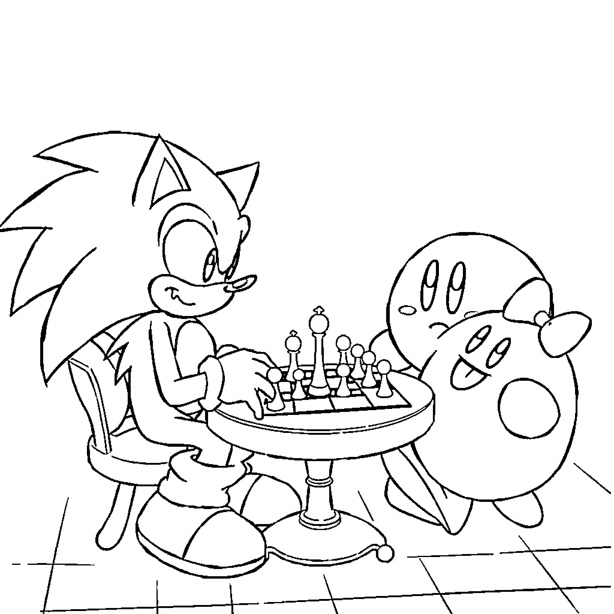 Sonic playing chess with a cute round companion Coloring Page (free black-and-white line drawing printable PDF for all, from beginners to advanced learners, including children, teens, adults, and seniors)