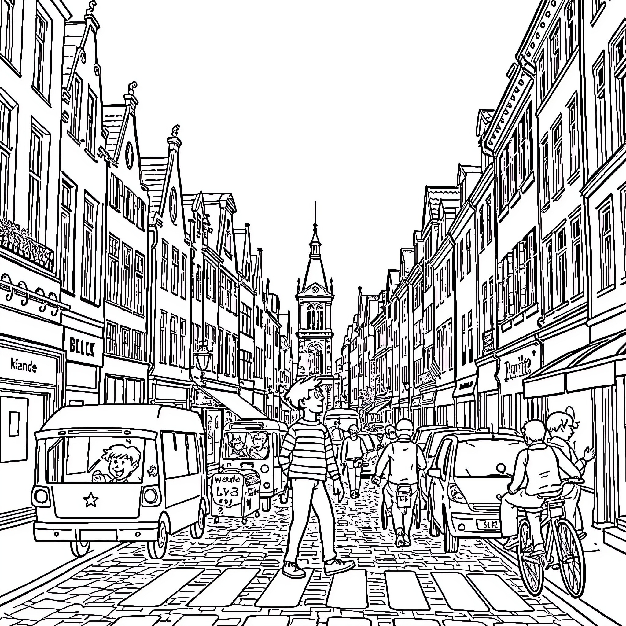 Waldo amid the bustling city street scene Coloring Page (free black-and-white line drawing printable PDF for all, from beginners to advanced learners, including children, teens, adults, and seniors)