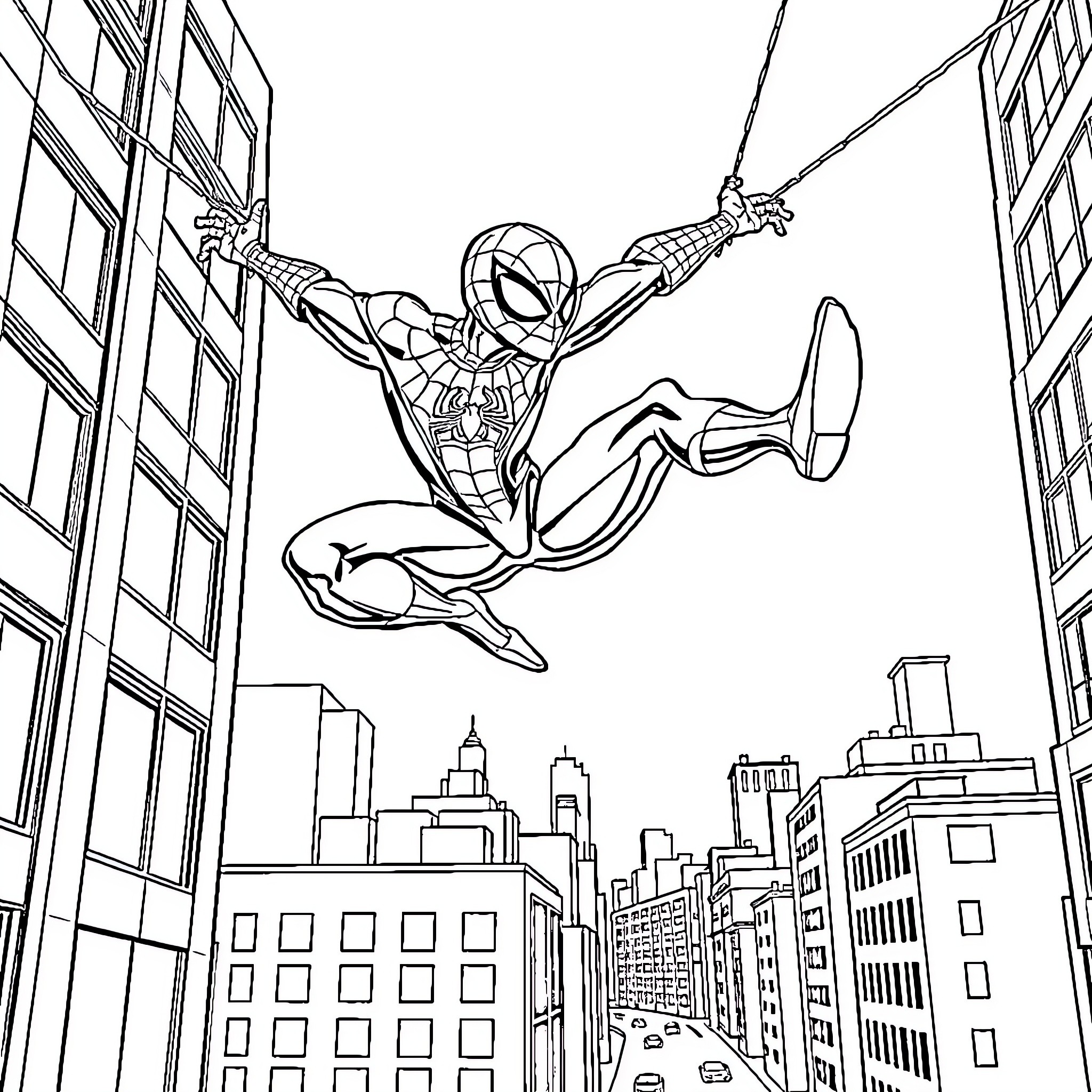 Spiderman swinging through the city skyline Coloring Page (free black-and-white line drawing printable PDF for all, from beginners to advanced learners, including children, teens, adults, and seniors)