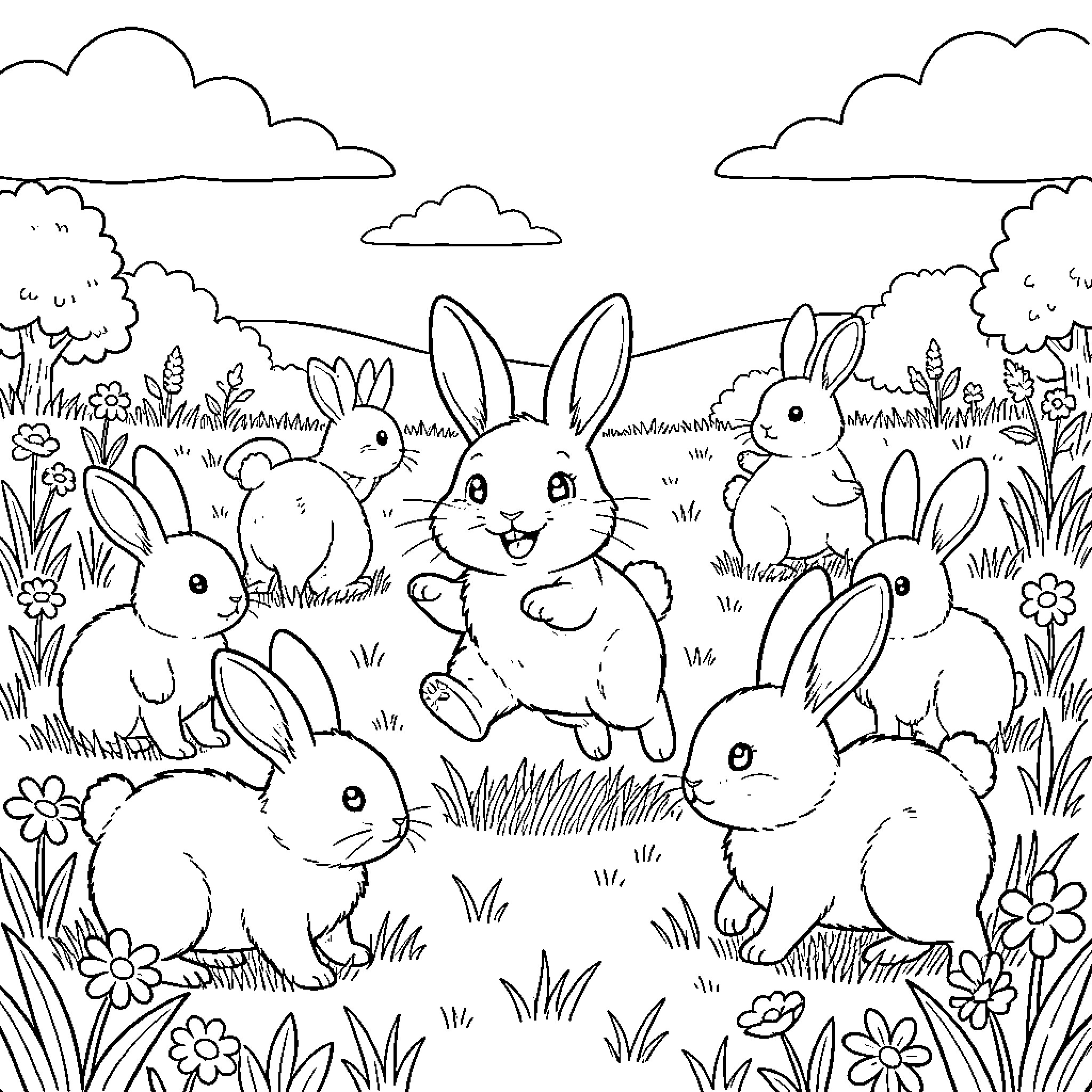 Bunny friends playing in the meadow Coloring Page (free black-and-white line drawing printable PDF for all, from beginners to advanced learners, including children, teens, adults, and seniors)