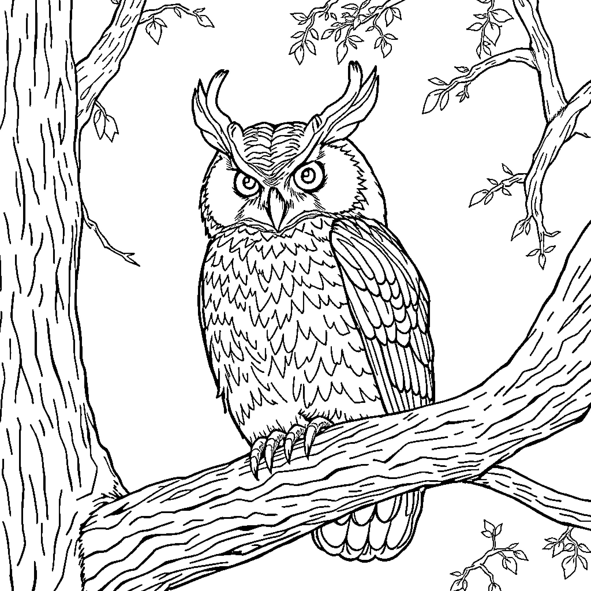 Owl perched vigilantly in the forest Coloring Page (free black-and-white line drawing printable PDF for all, from beginners to advanced learners, including children, teens, adults, and seniors)